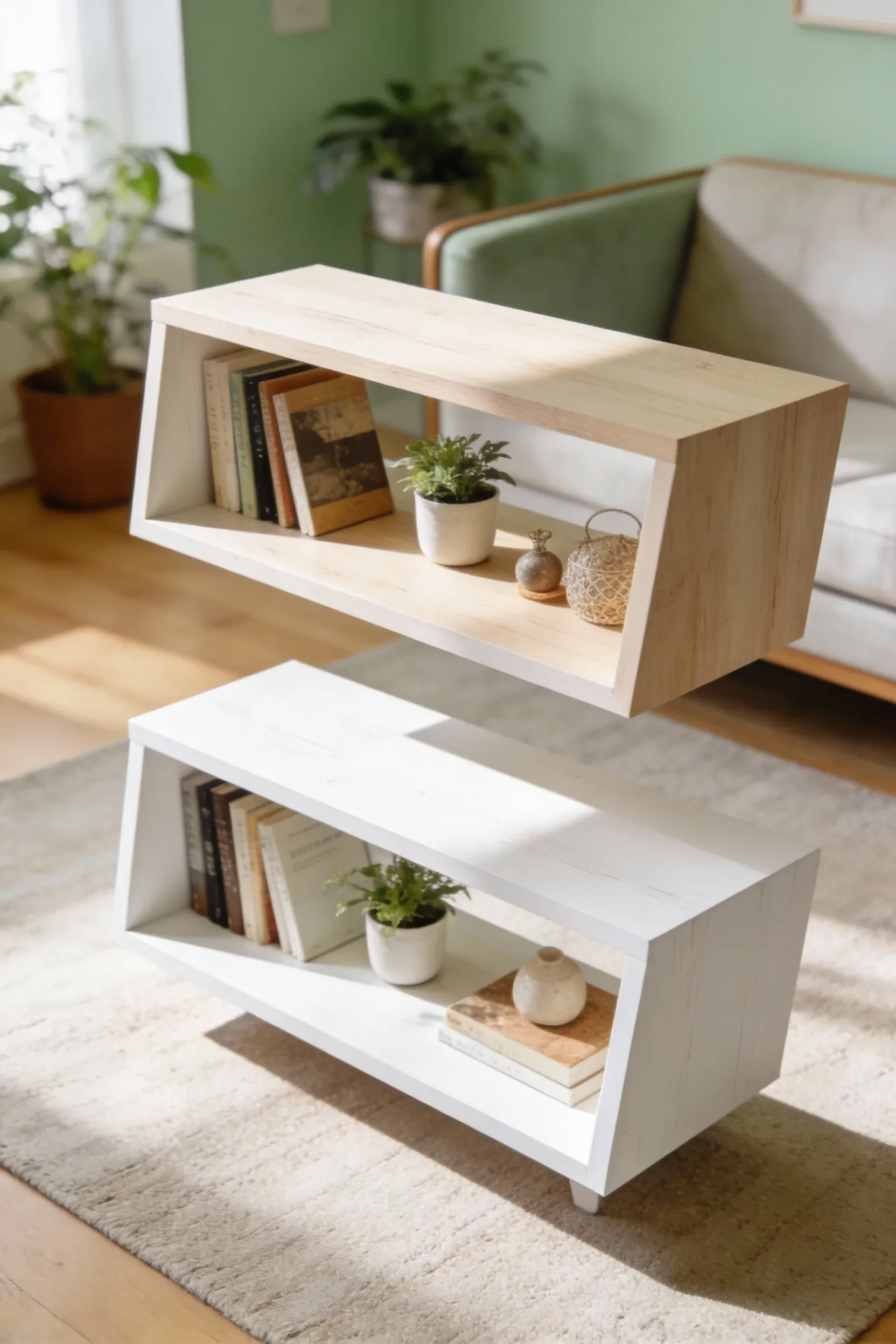 Innovative floating shelves used as a coffee table surface.