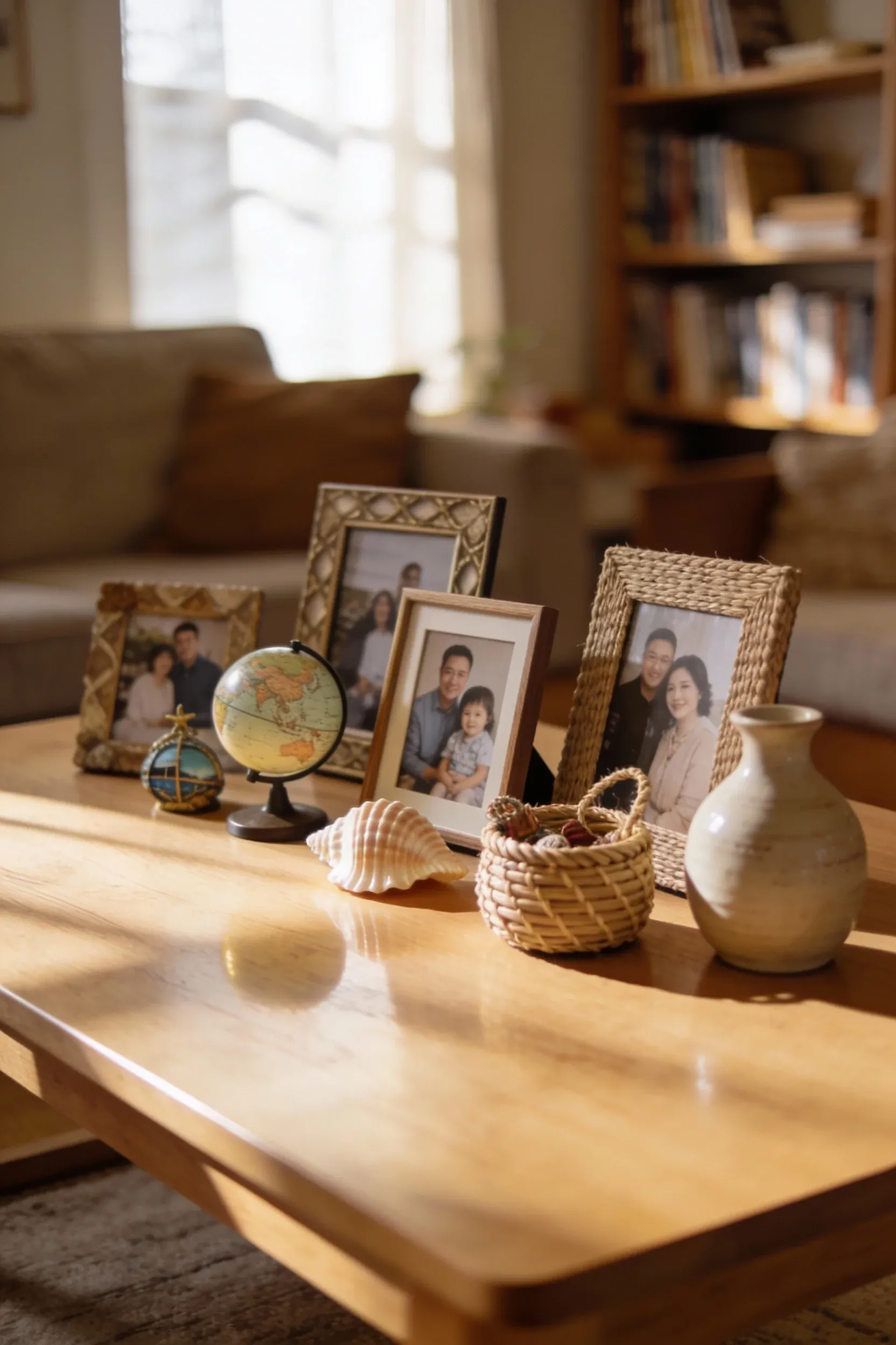Cozy coffee table decorated with personal items like photos and souvenirs.