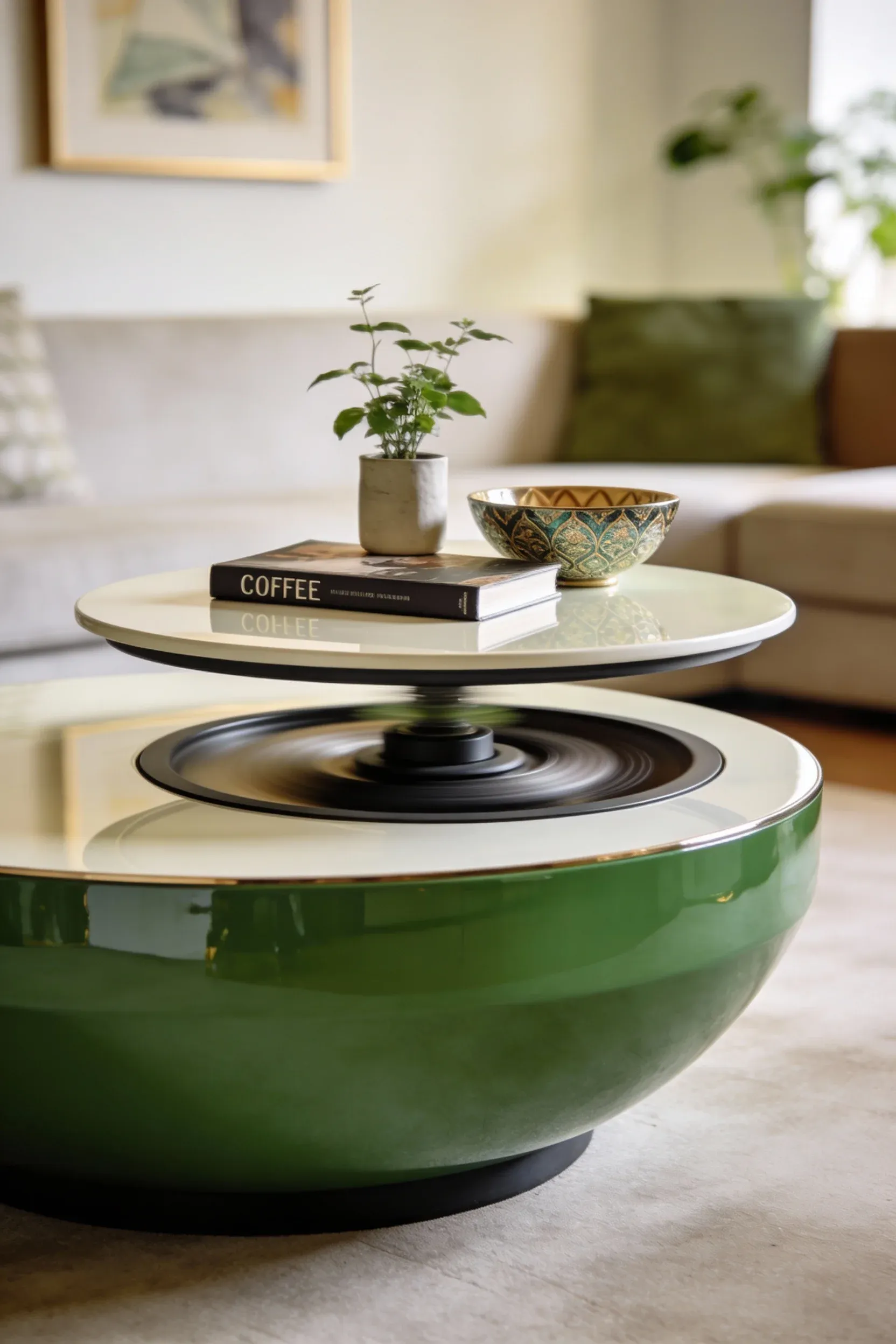 Stylish round coffee table with a rotating top and decorative items.