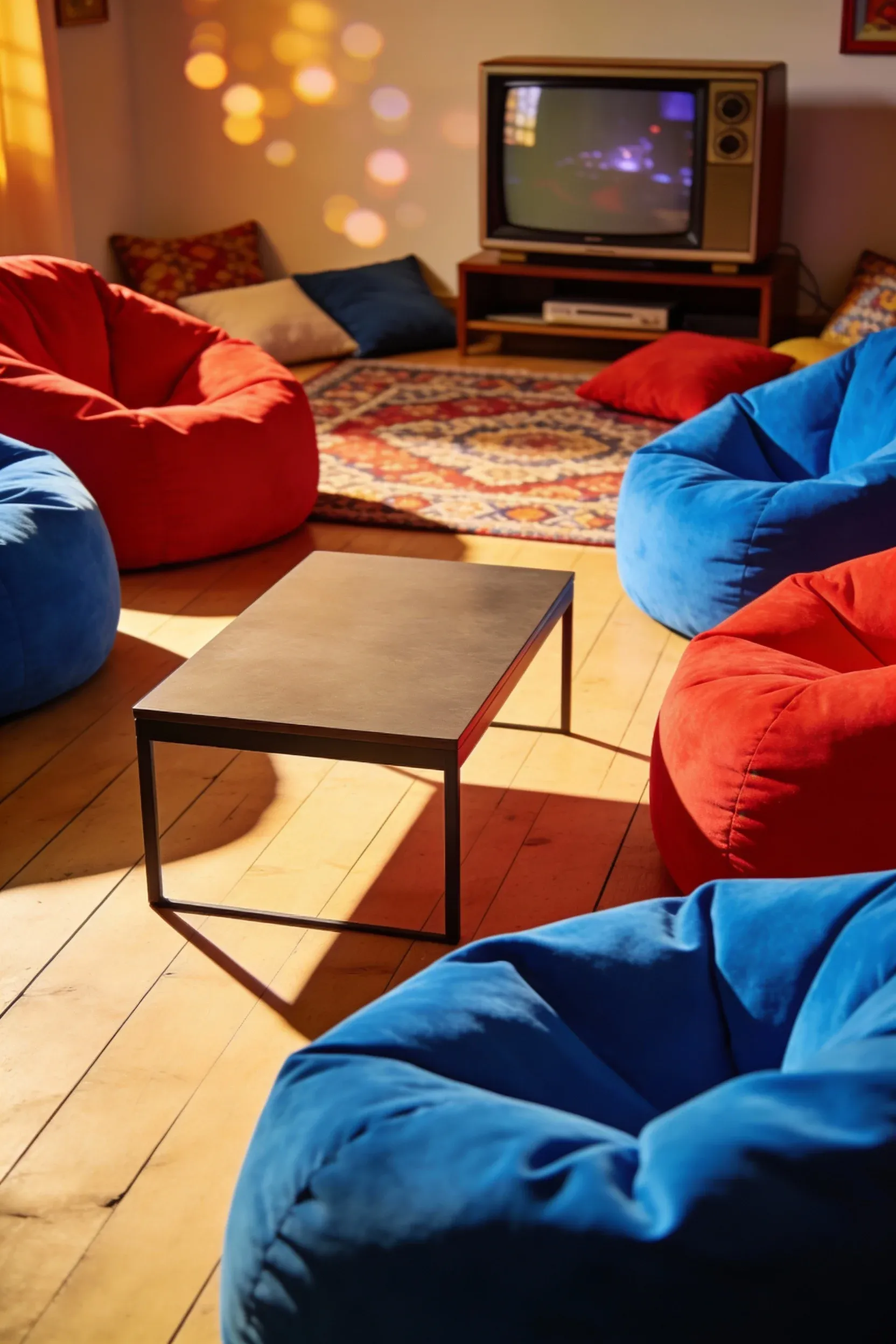 Vibrant living room with oversized plush bean bag chairs in red and blue.