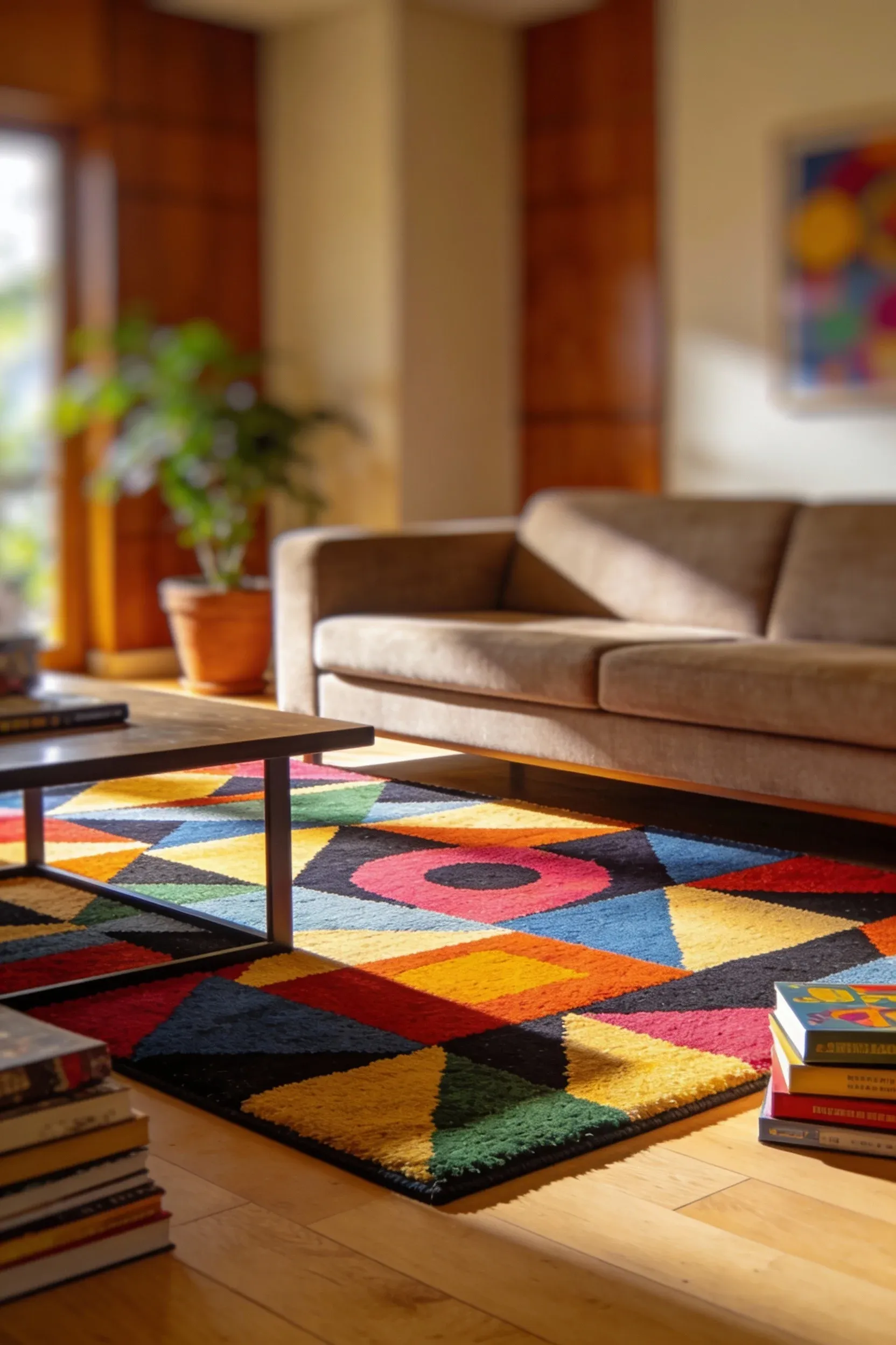 Living room featuring a vibrant geometric patterned area rug.