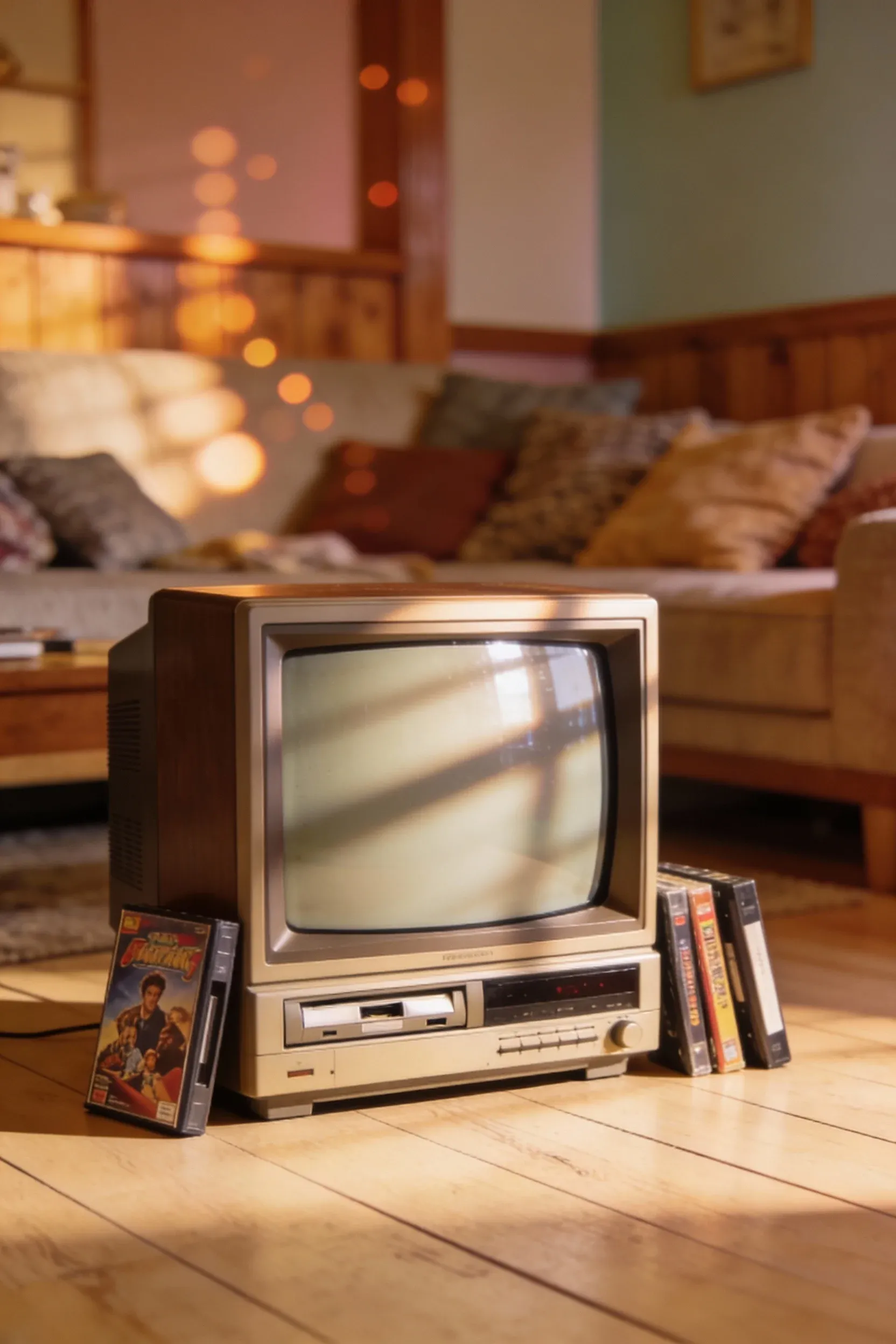 Nostalgic living room with a vintage television and VHS player.