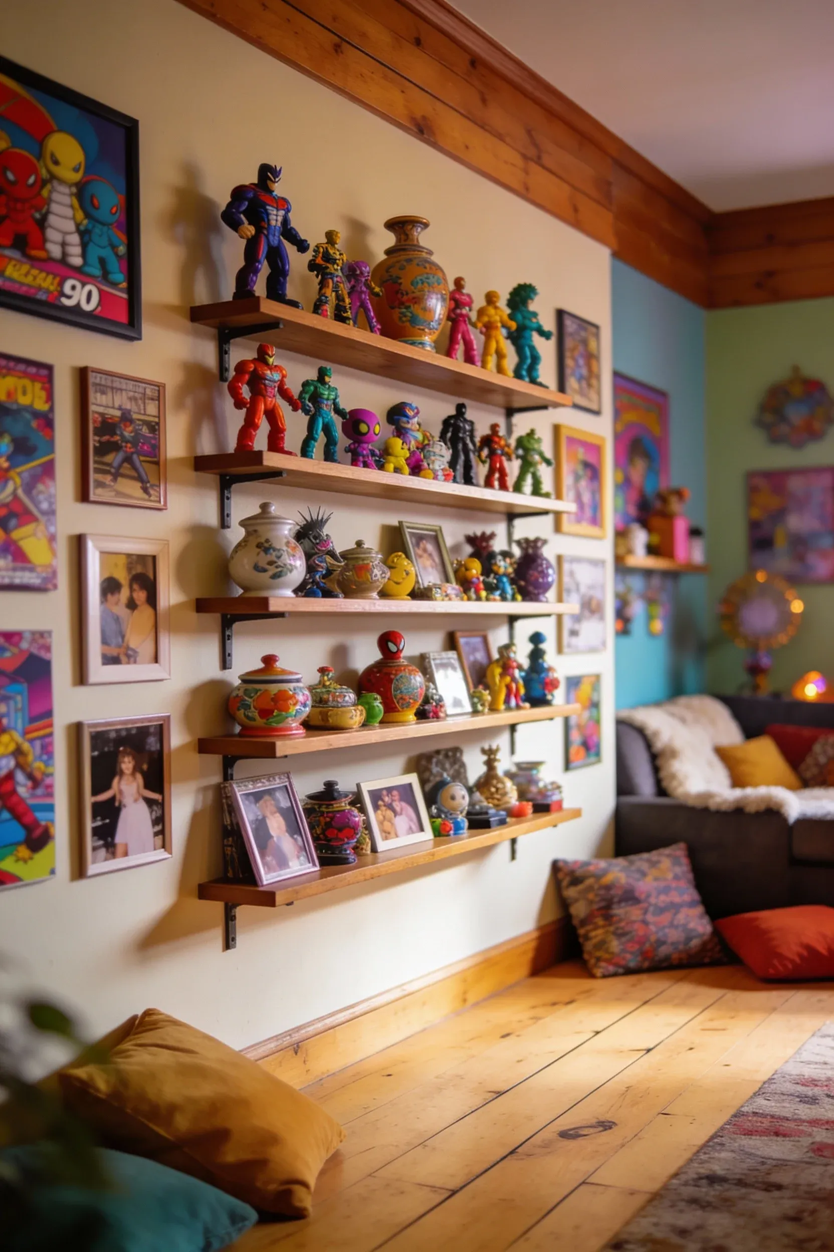 Eclectic gallery wall with wall-mounted shelves filled with colorful collectibles.