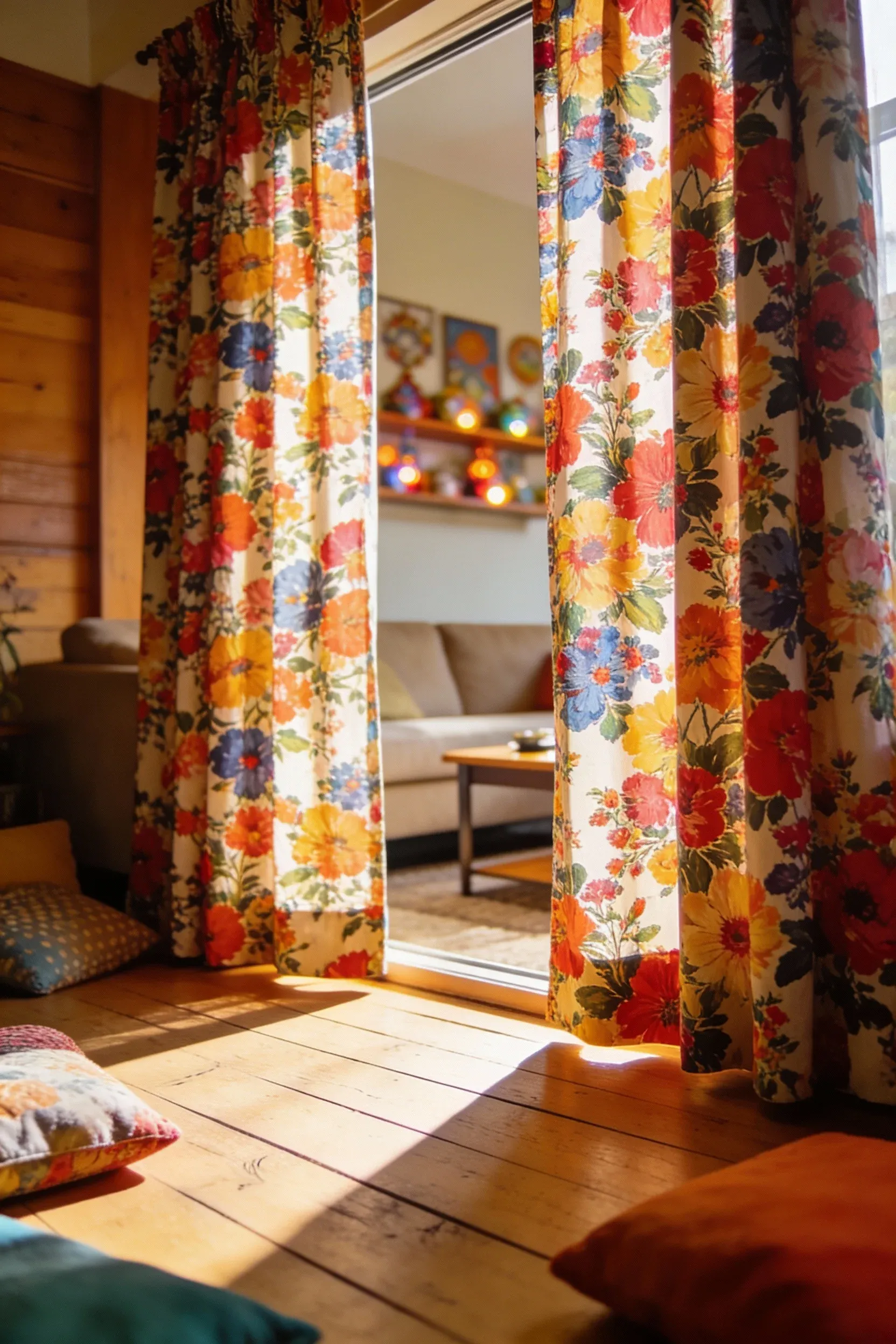 Cozy living room featuring oversized floral print curtains.