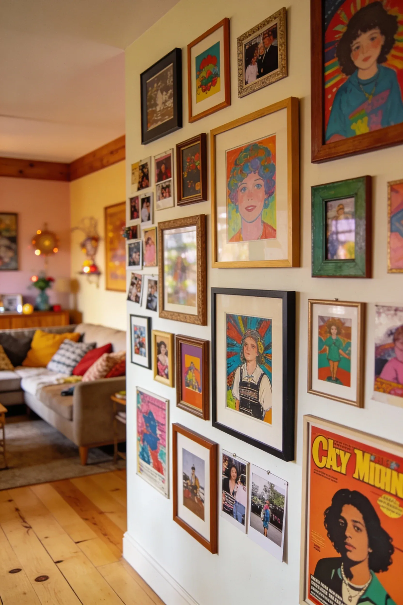 Eclectic gallery wall filled with framed art and personal photos.