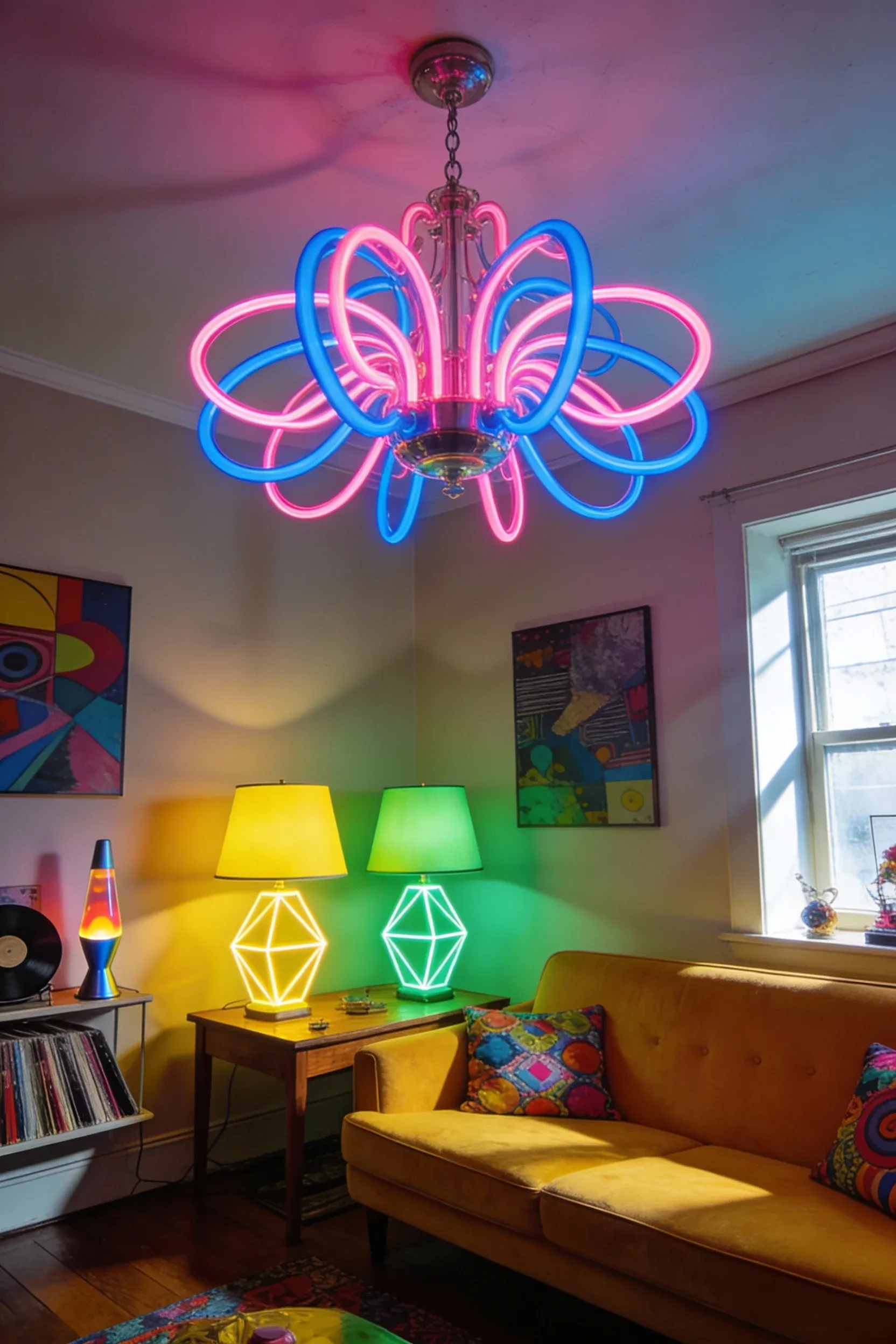 Colorful funky light fixtures with neon accents in a retro living space.