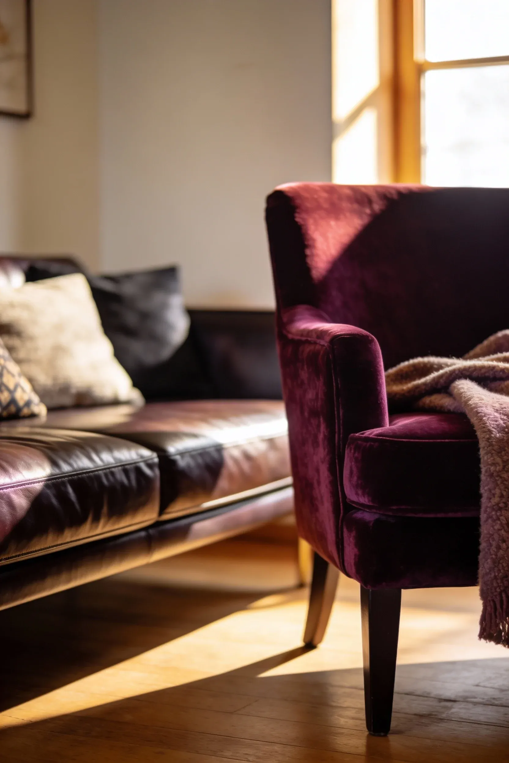 A cozy living room showcasing a mix of velvet and leather textures.