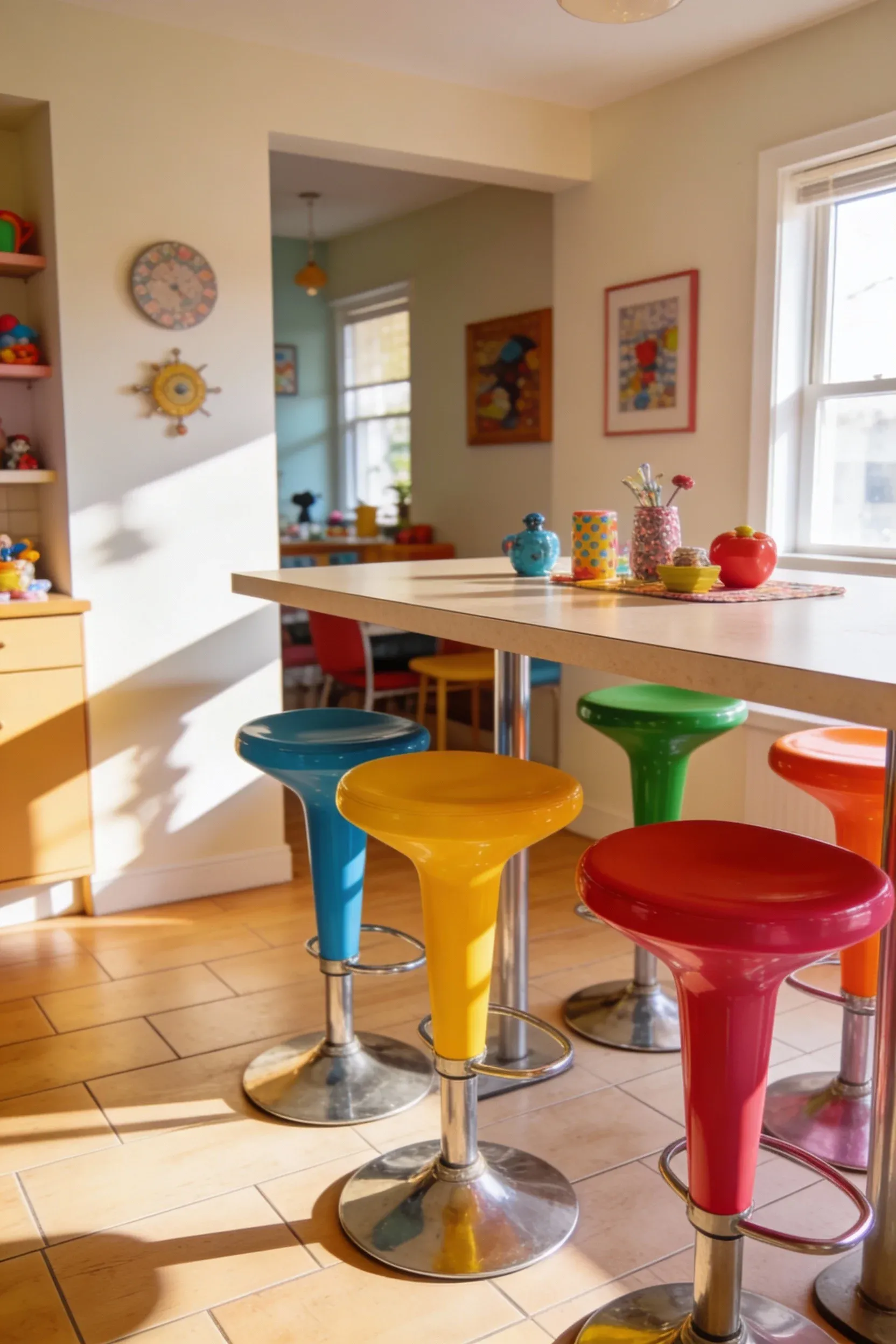 A casual dining space featuring colorful bar stools around a high table.