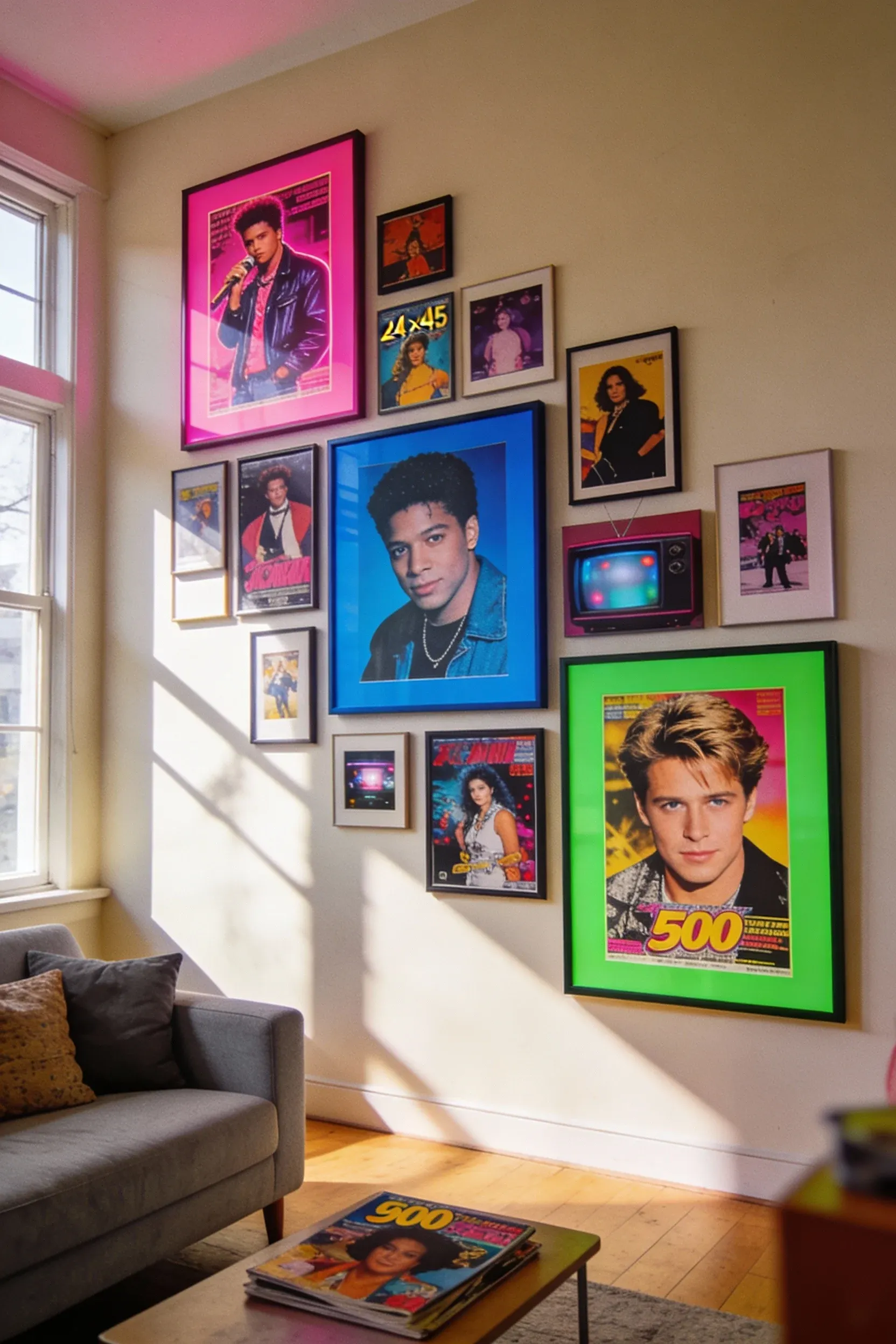 A living room wall adorned with posters of 90s pop culture icons.