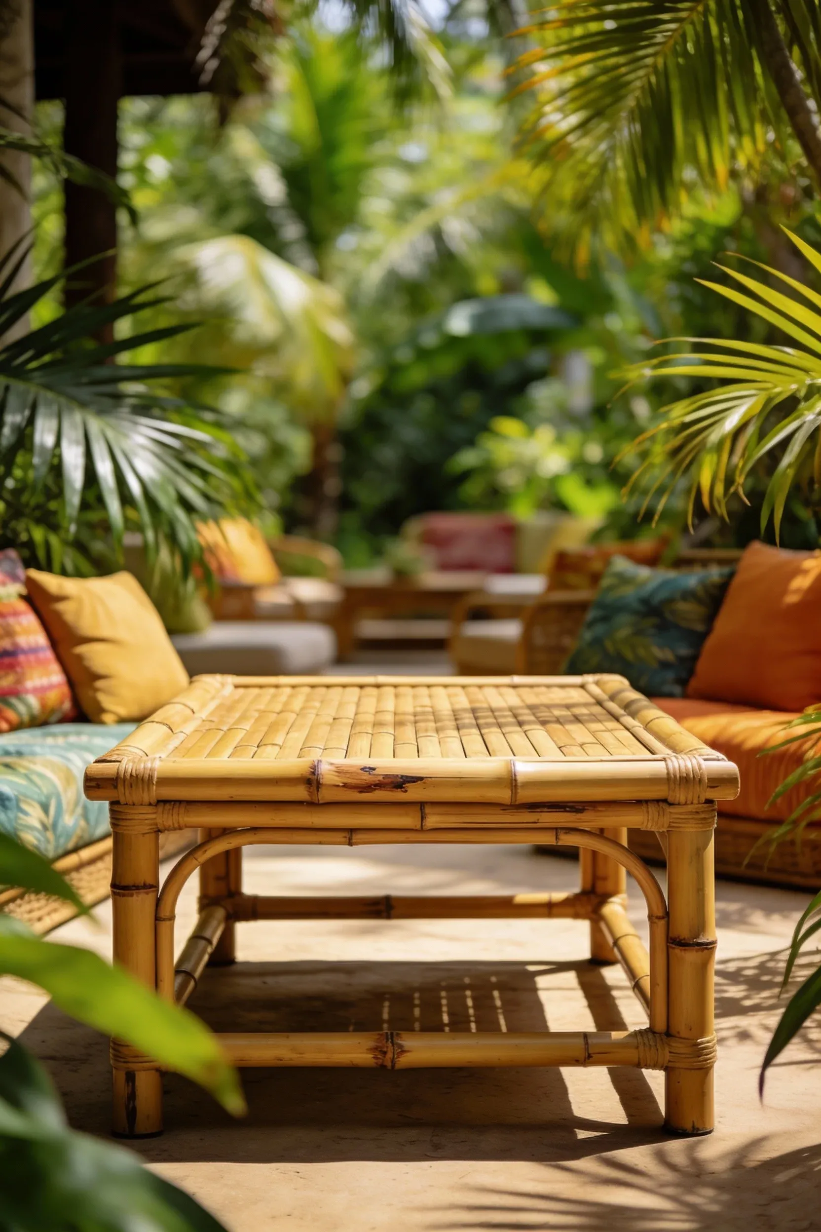 Bamboo outdoor coffee table surrounded by tropical plants.