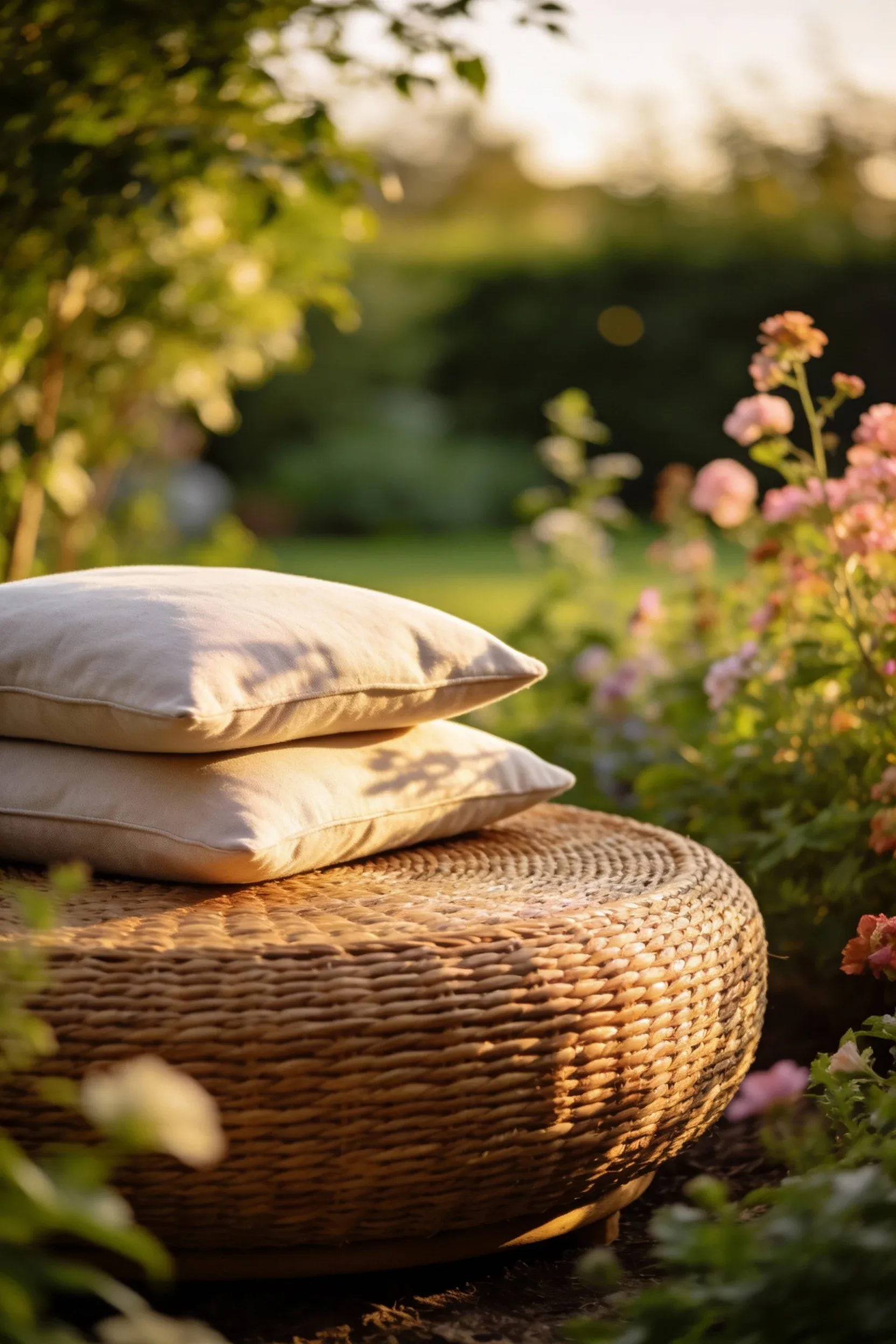 Cozy round wicker coffee table with cushions in a lush outdoor patio setting.