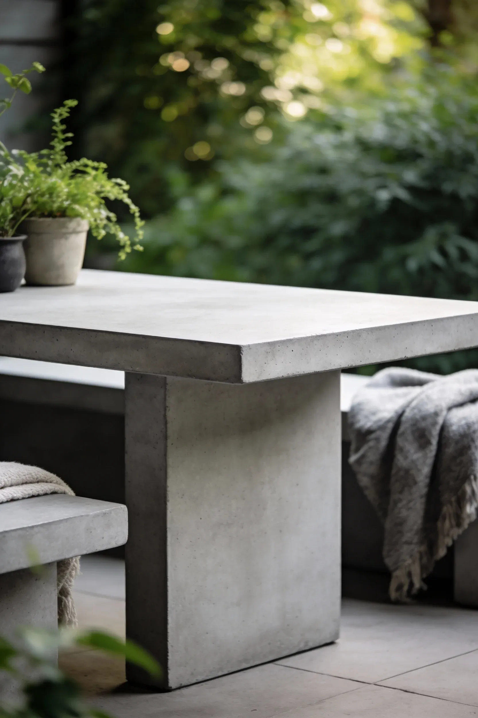 Sleek modern concrete outdoor table surrounded by soft greenery.