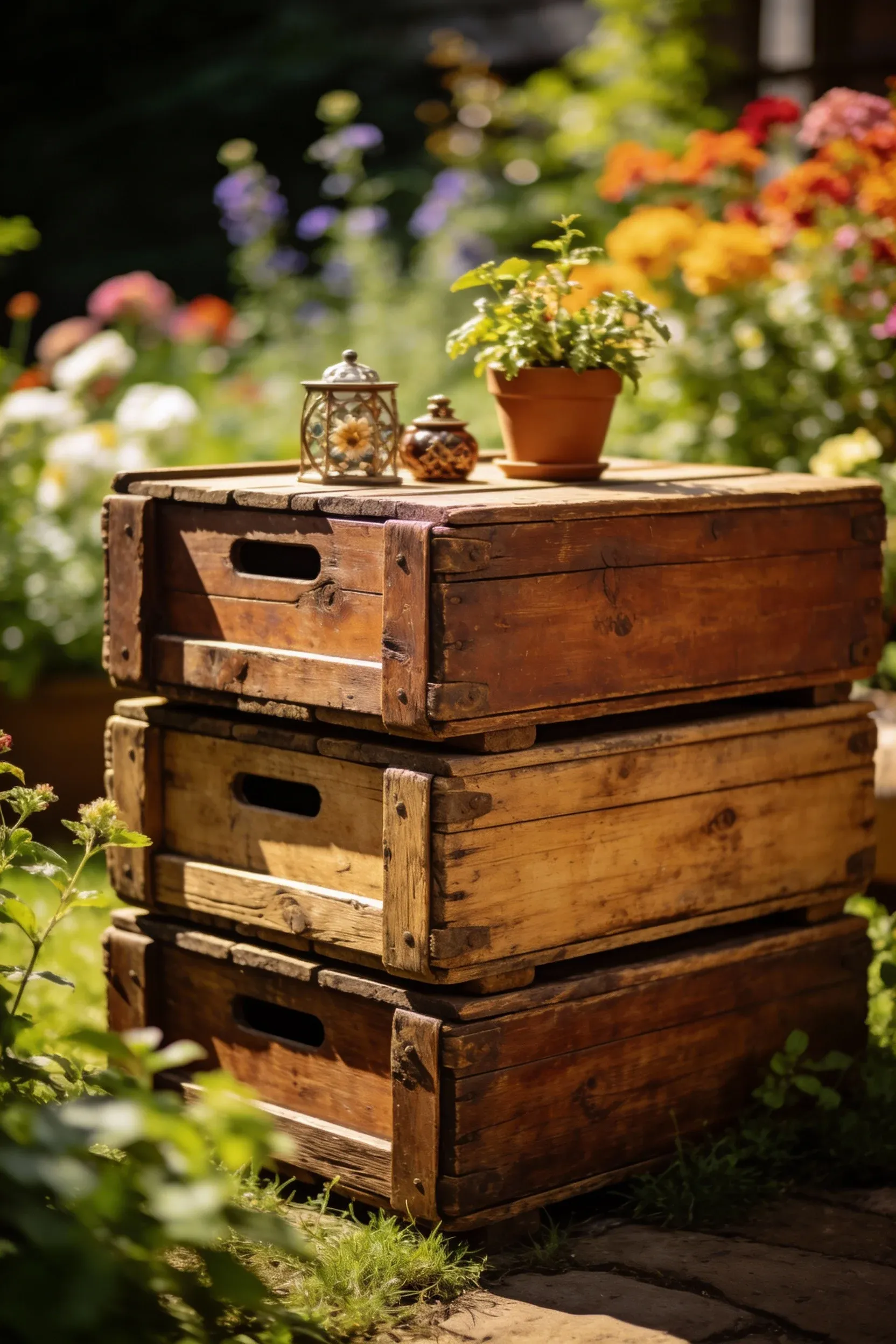 Charming stack of vintage crates used as a rustic coffee table in a vibrant garden.