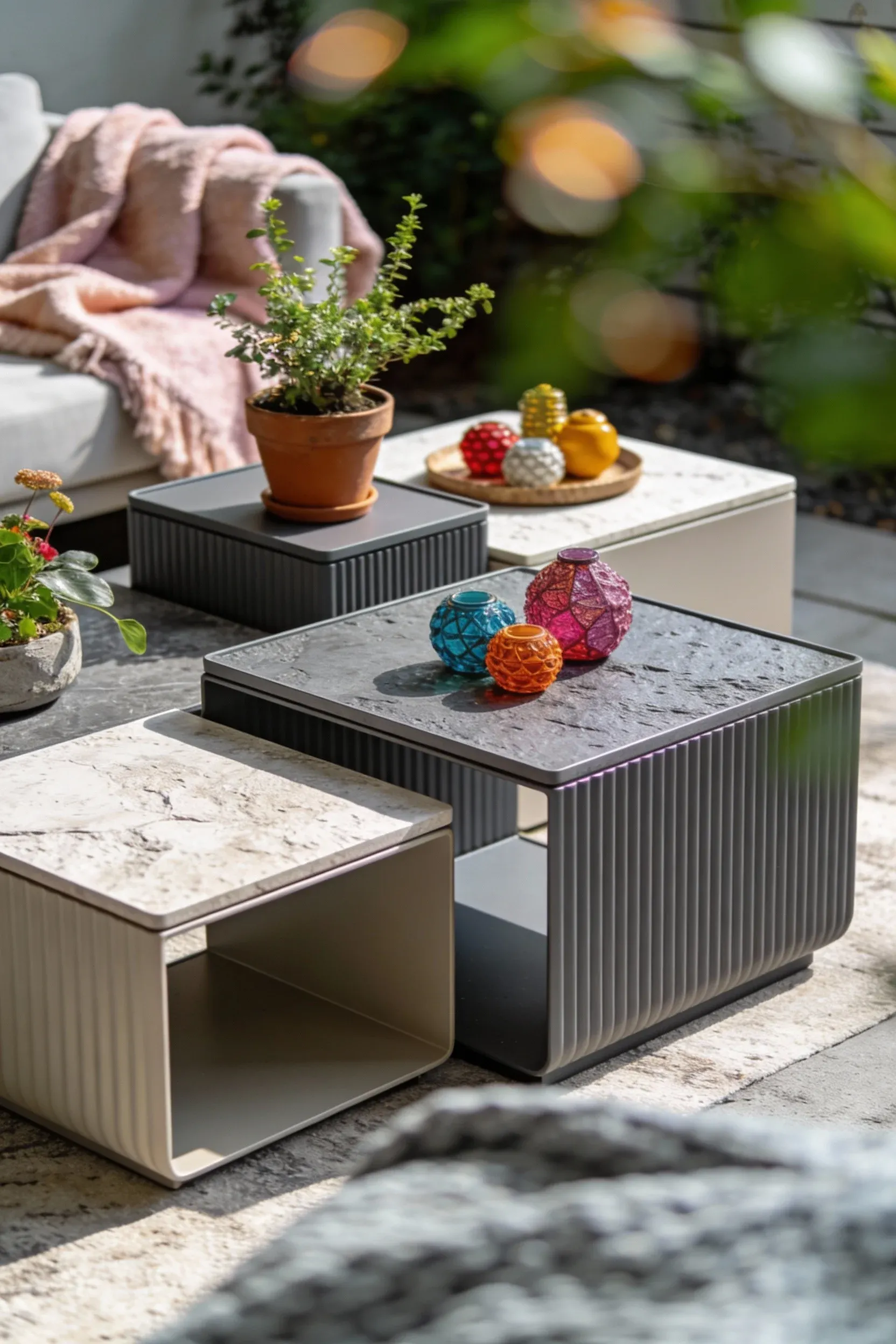 Versatile customizable modular coffee table set arranged in a stylish outdoor setting.