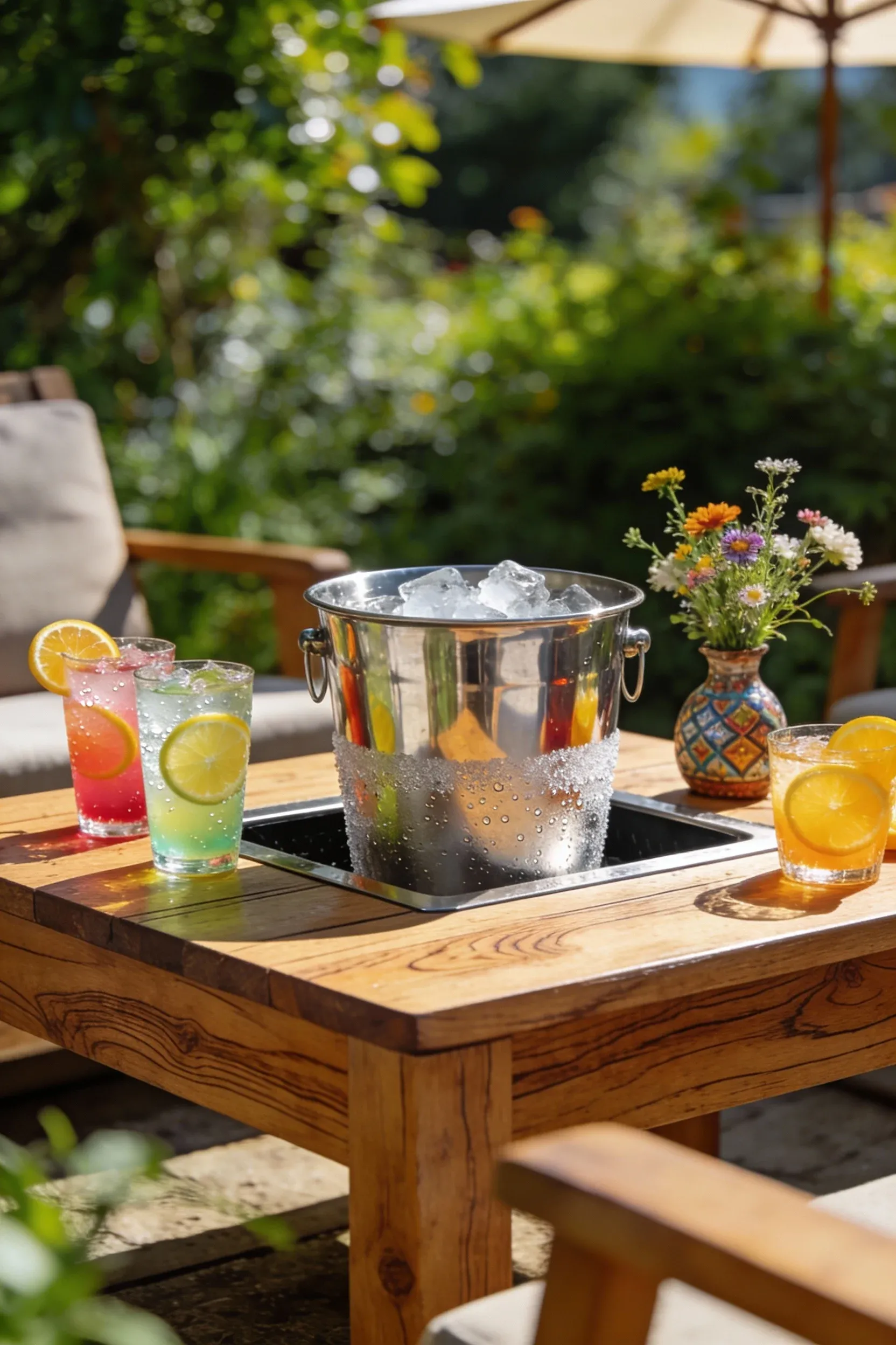 Outdoor coffee table featuring a built-in ice bucket in a lively setting.