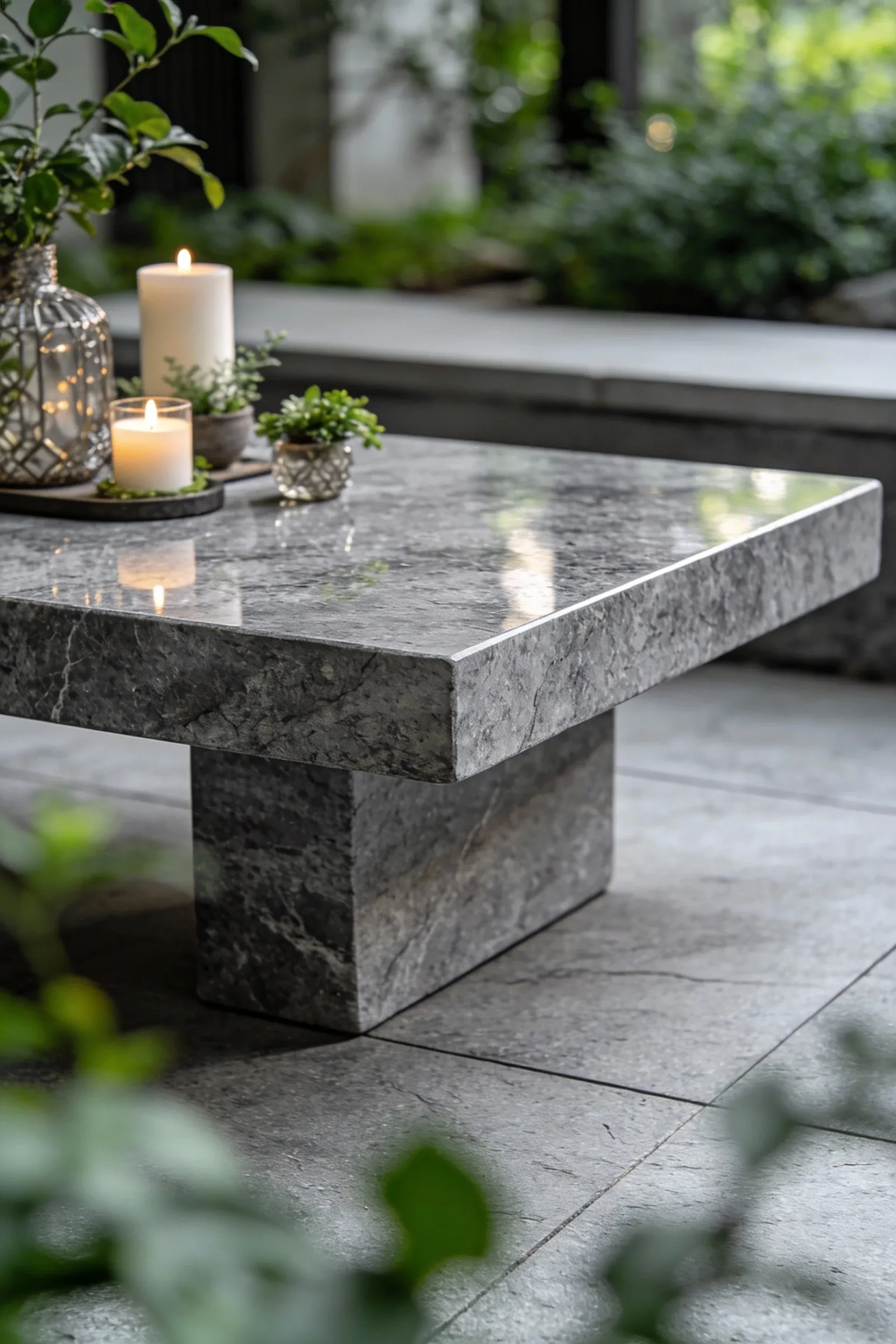 Sleek stone coffee table adding elegance to an outdoor patio space.