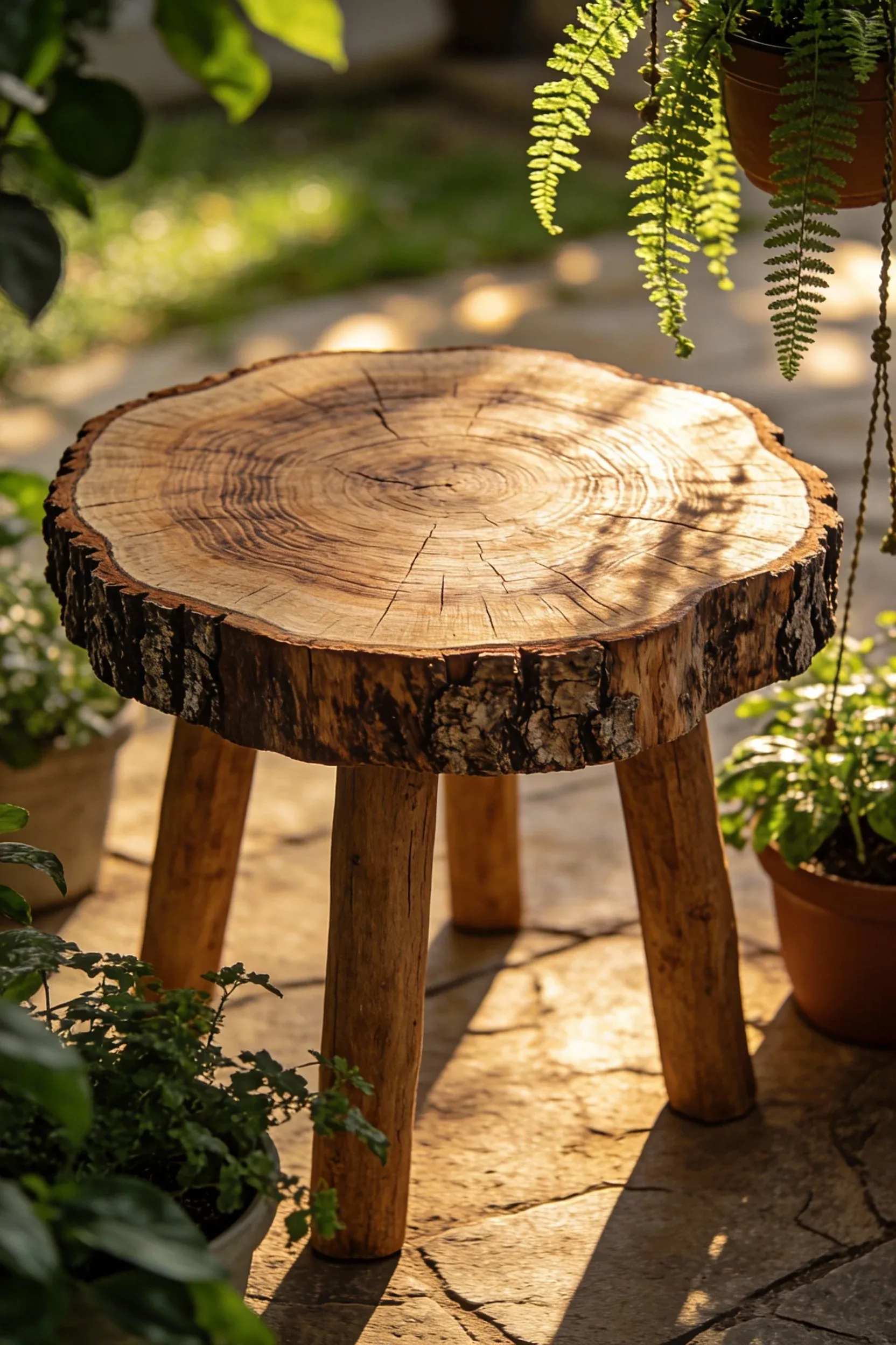 Close-up of a rustic log slice table surrounded by greenery on a patio.