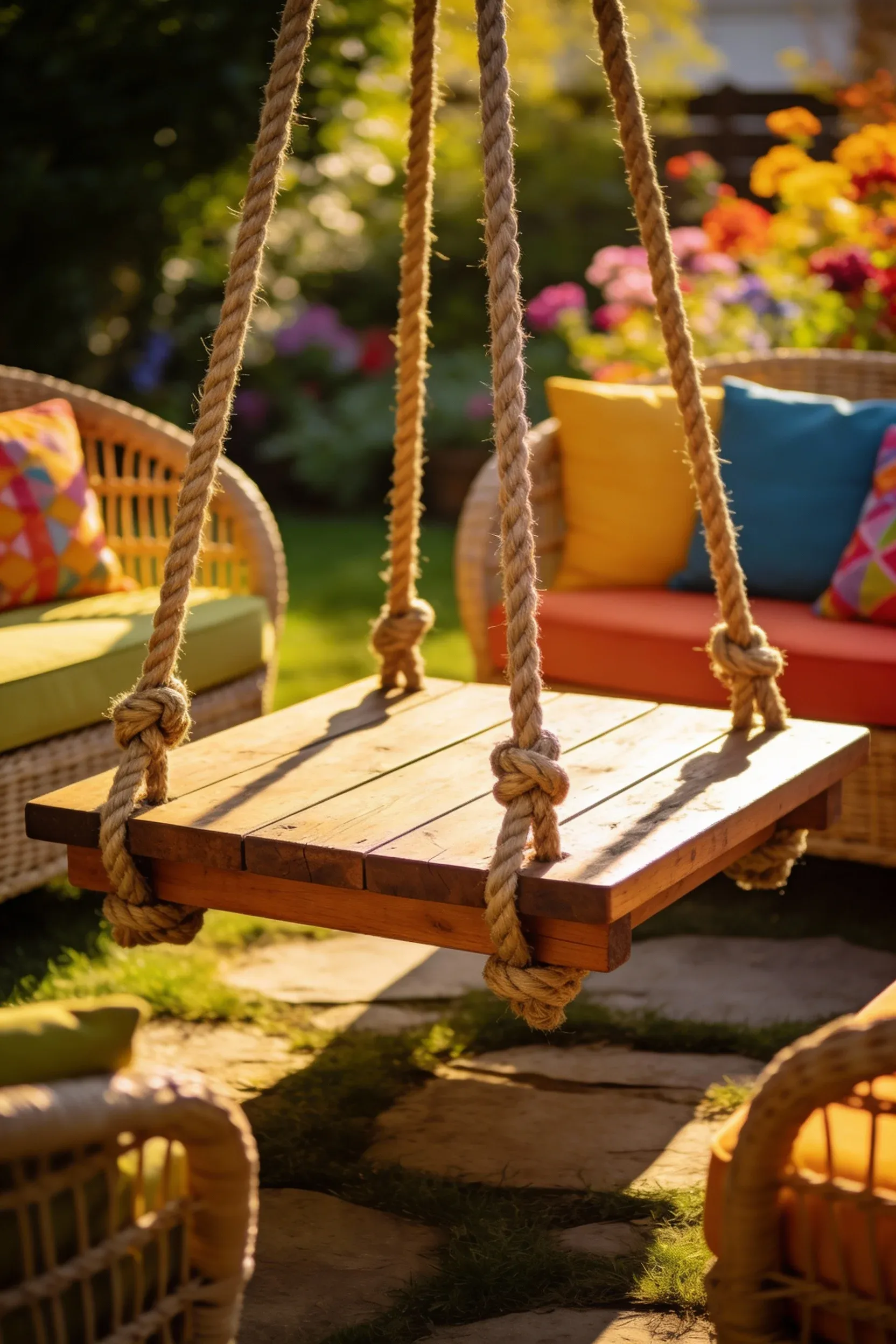 Mid-angle view of a hanging rope coffee table in an outdoor patio setting.