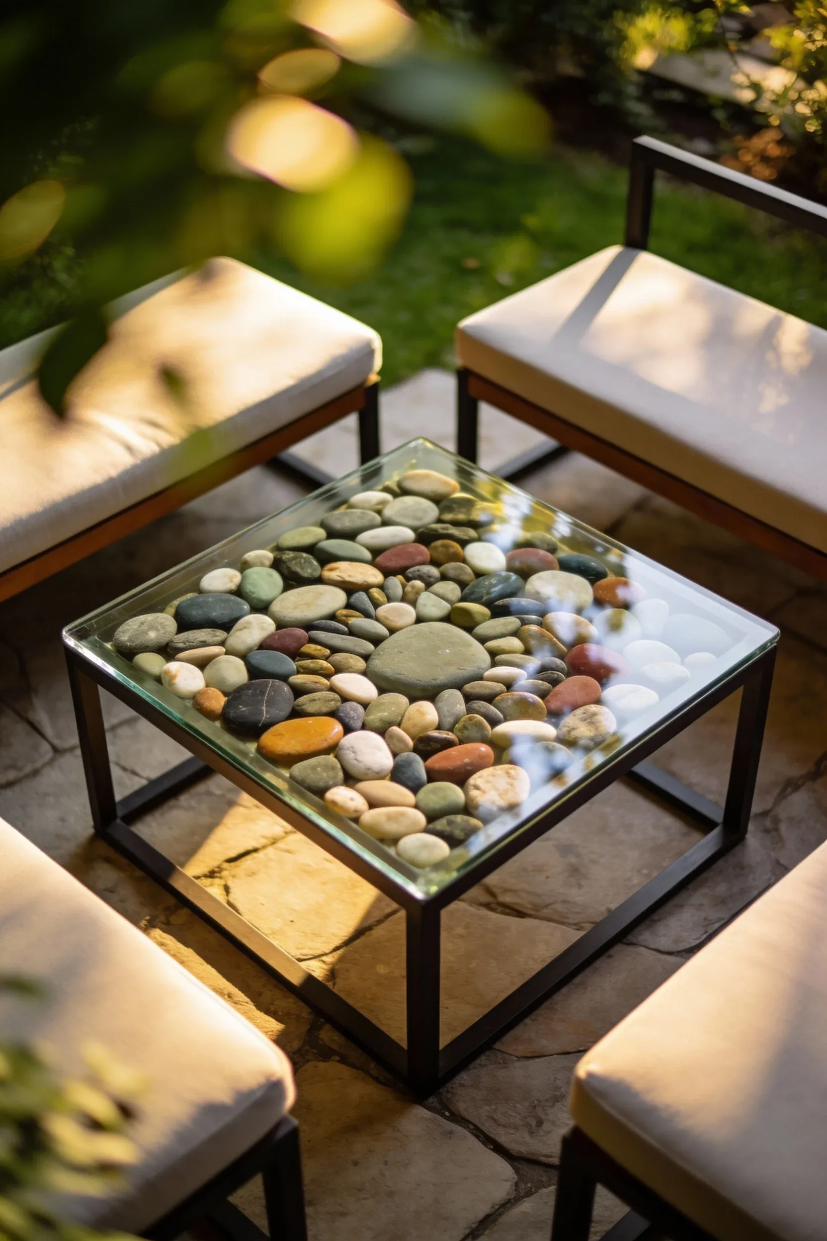 Top-down view of a nature-inspired pebble table filled with colorful stones.