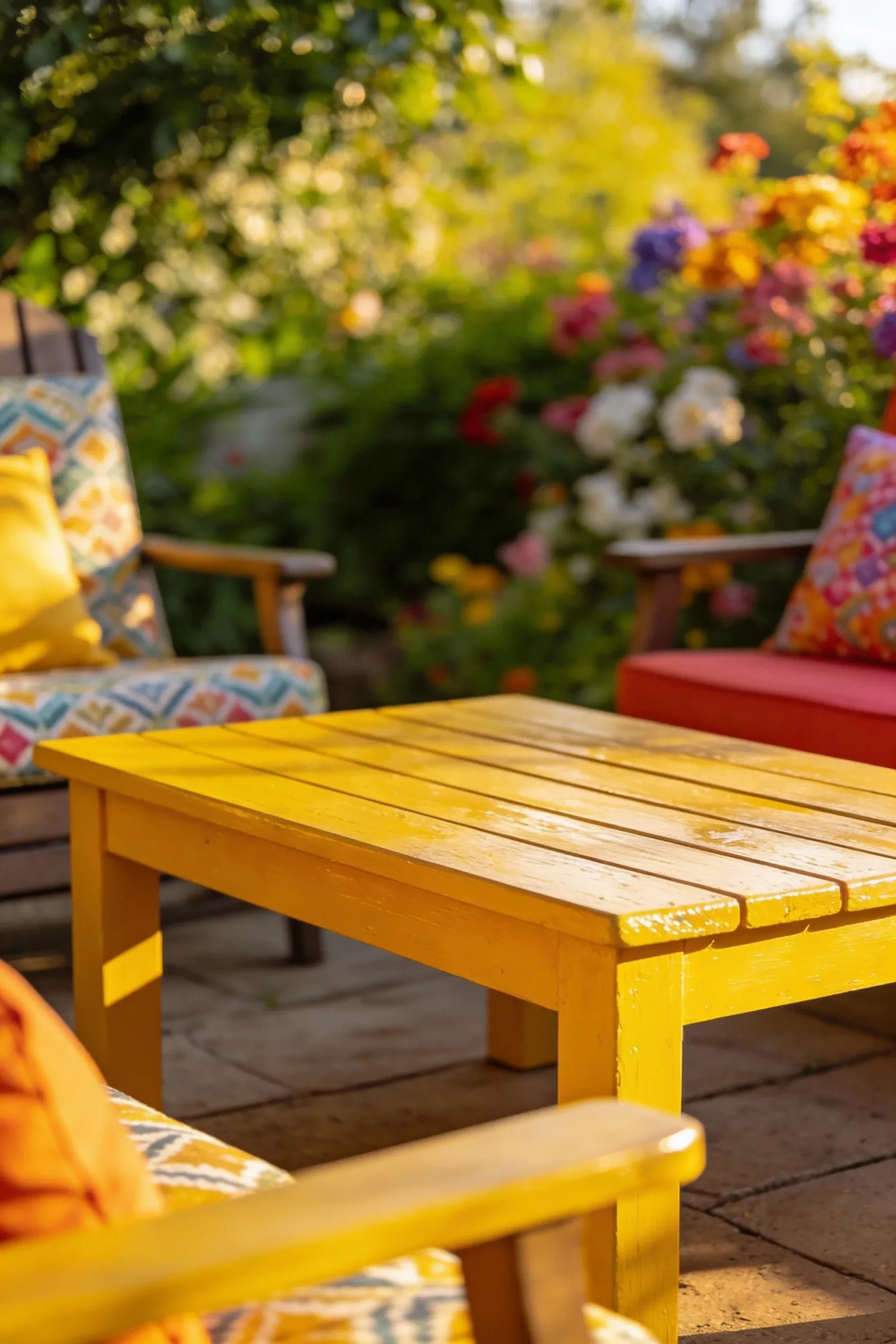 Side view of a brightly painted wooden coffee table in an outdoor patio.