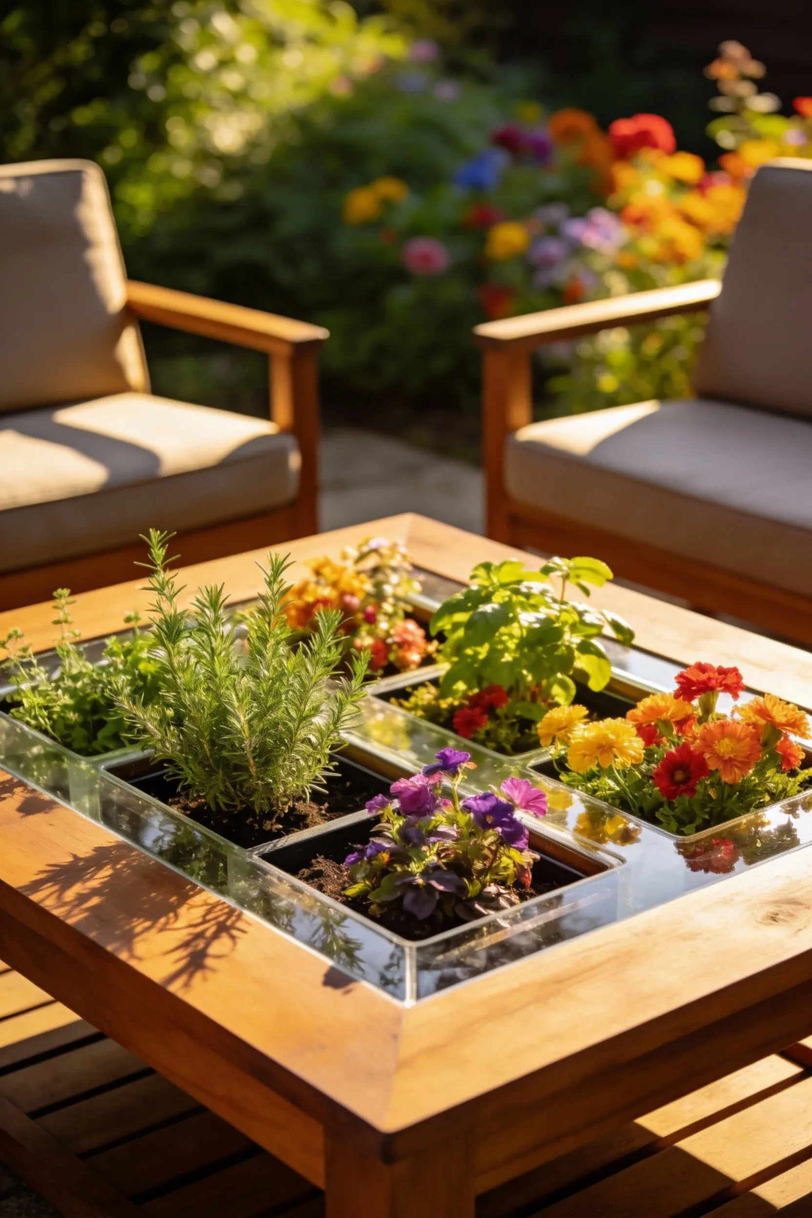 Angled view of a coffee table with built-in planters filled with greenery.