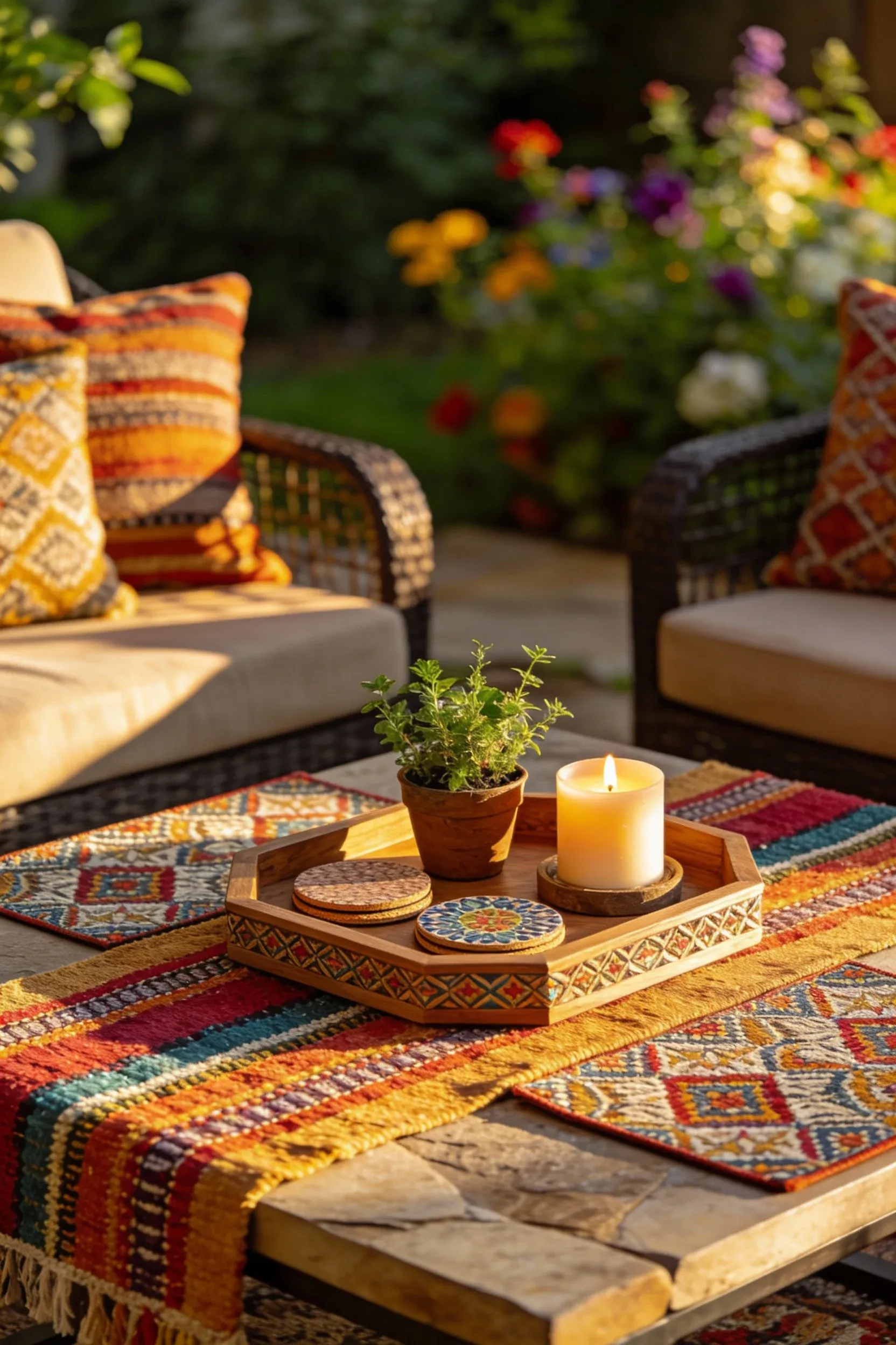 Close-up of an outdoor coffee table adorned with layered textiles and decorative accessories.