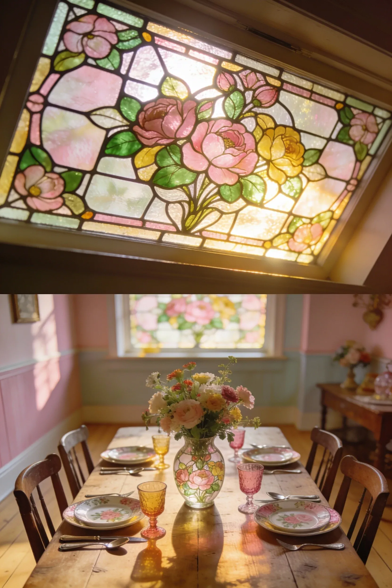 Victorian stained glass window with floral motifs above a rustic dining table.