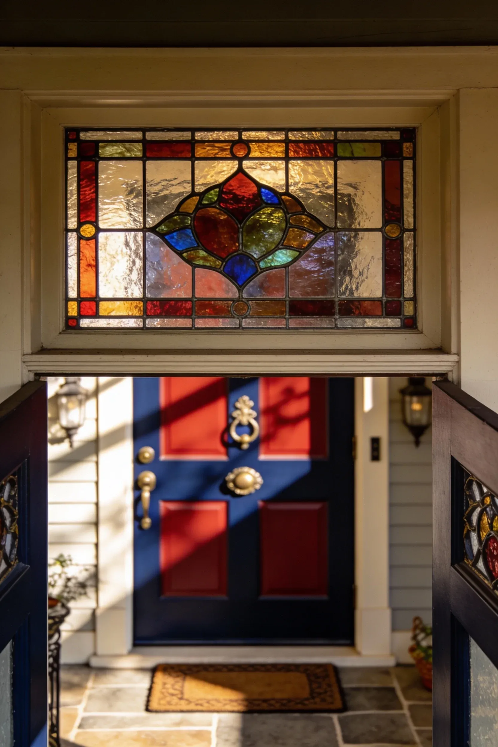 Stained glass transom window above a front door, creating an inviting atmosphere.
