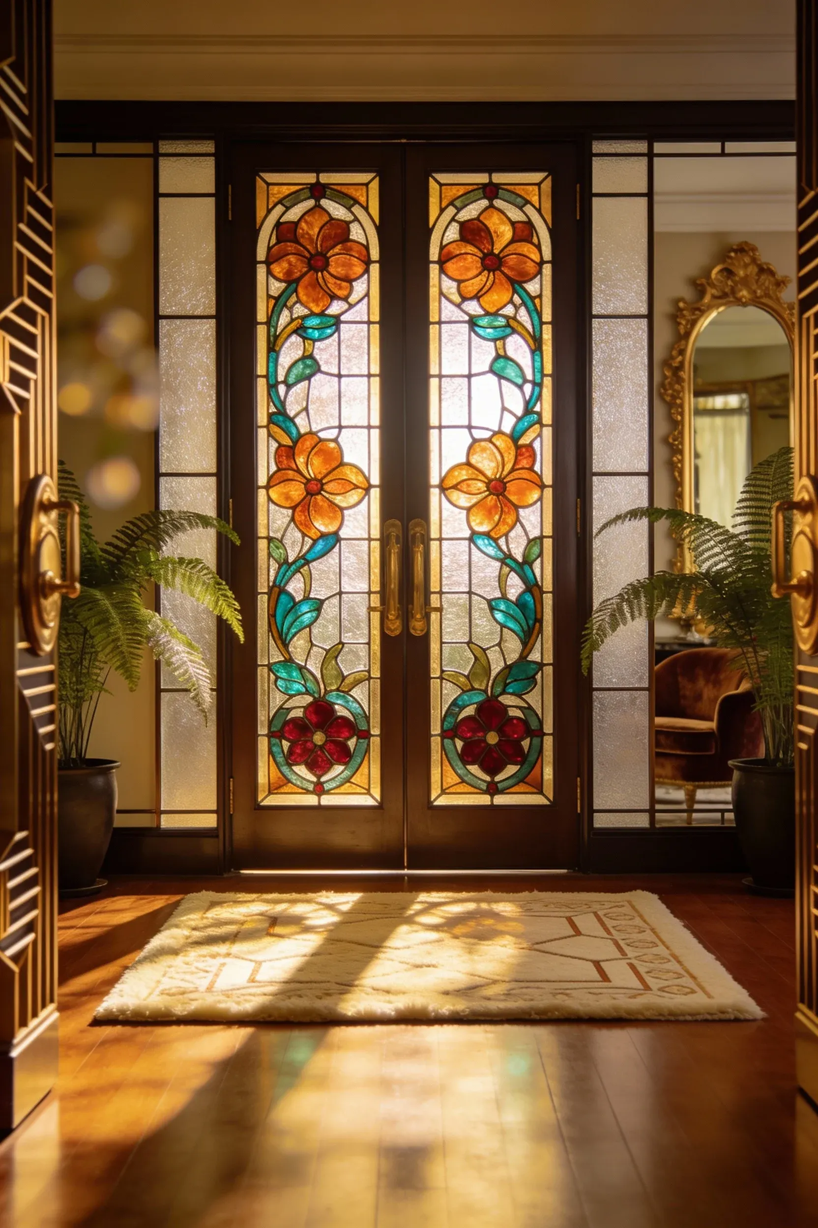 Elegant stained glass doors enhancing privacy in a stylish interior.