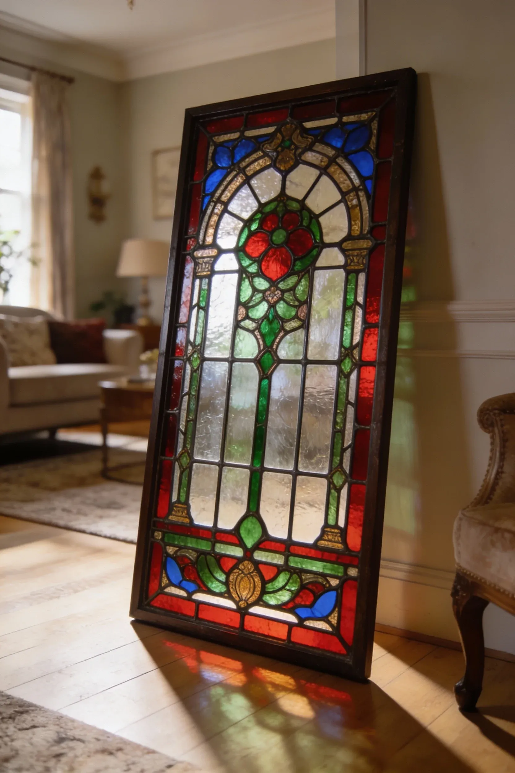 Victorian stained glass panels displayed in a living room, adding elegance and charm.
