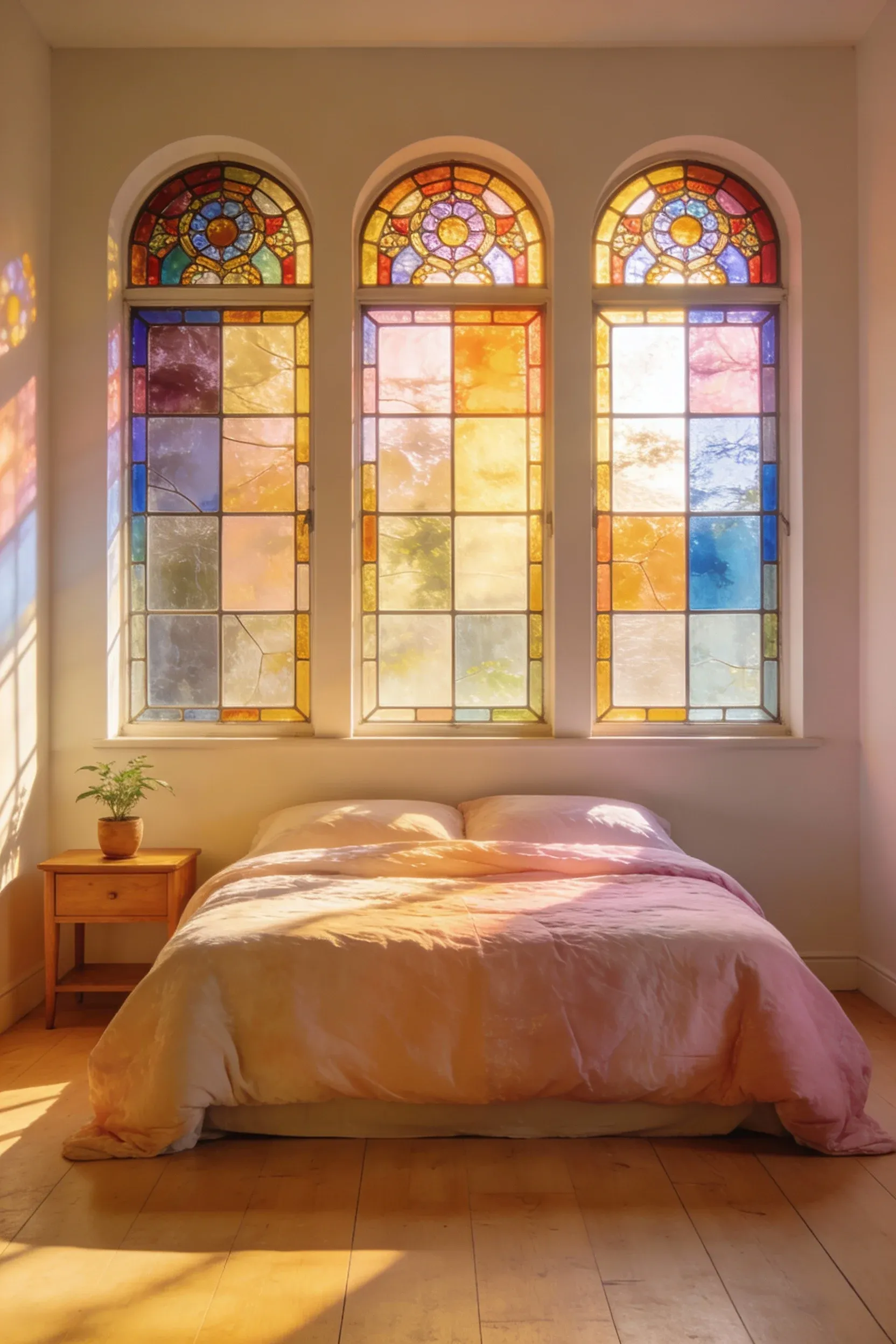 A serene bedroom featuring colorful stained glass window panels above a plush bed.