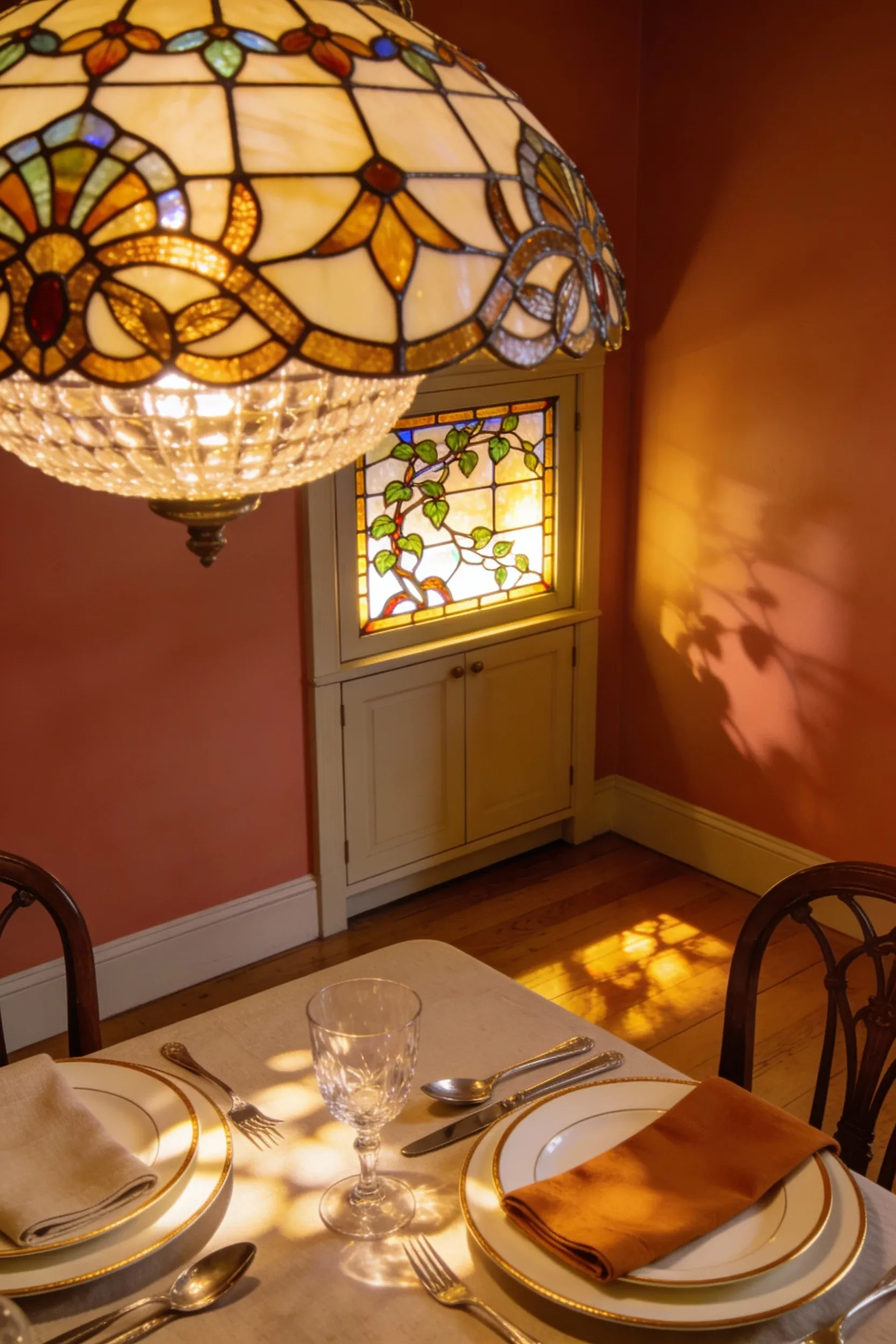 An elegant dining area featuring unique stained glass elements that enhance the atmosphere.