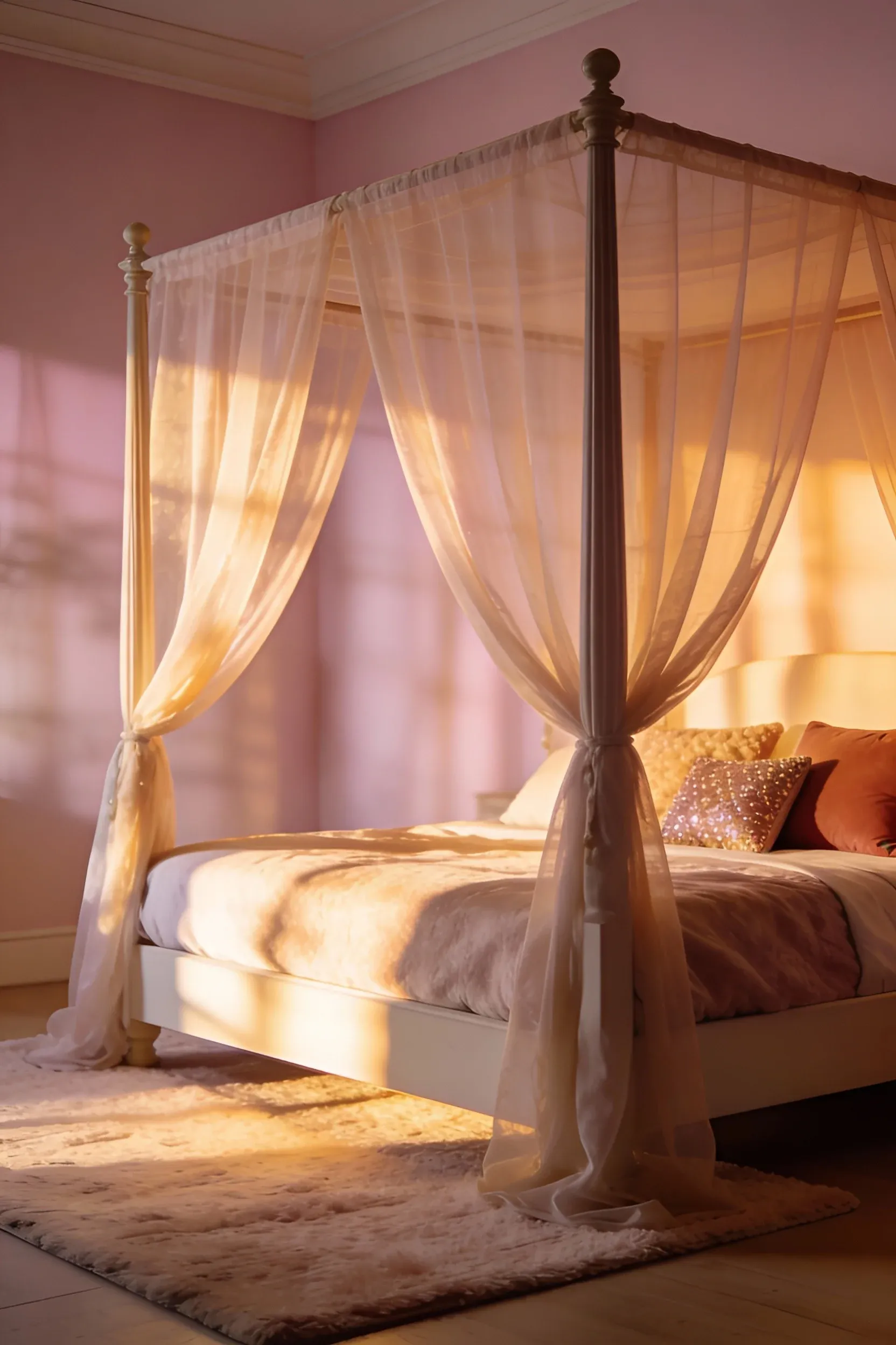 A luxurious canopy bed with sheer drapes creating a romantic atmosphere.