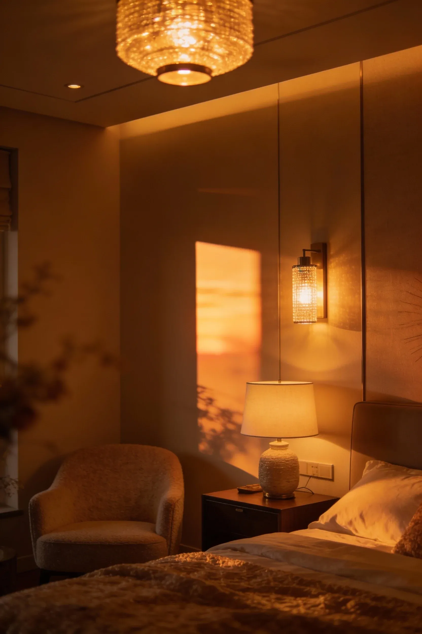 A cozy bedroom illuminated by warm, dimmable light fixtures.