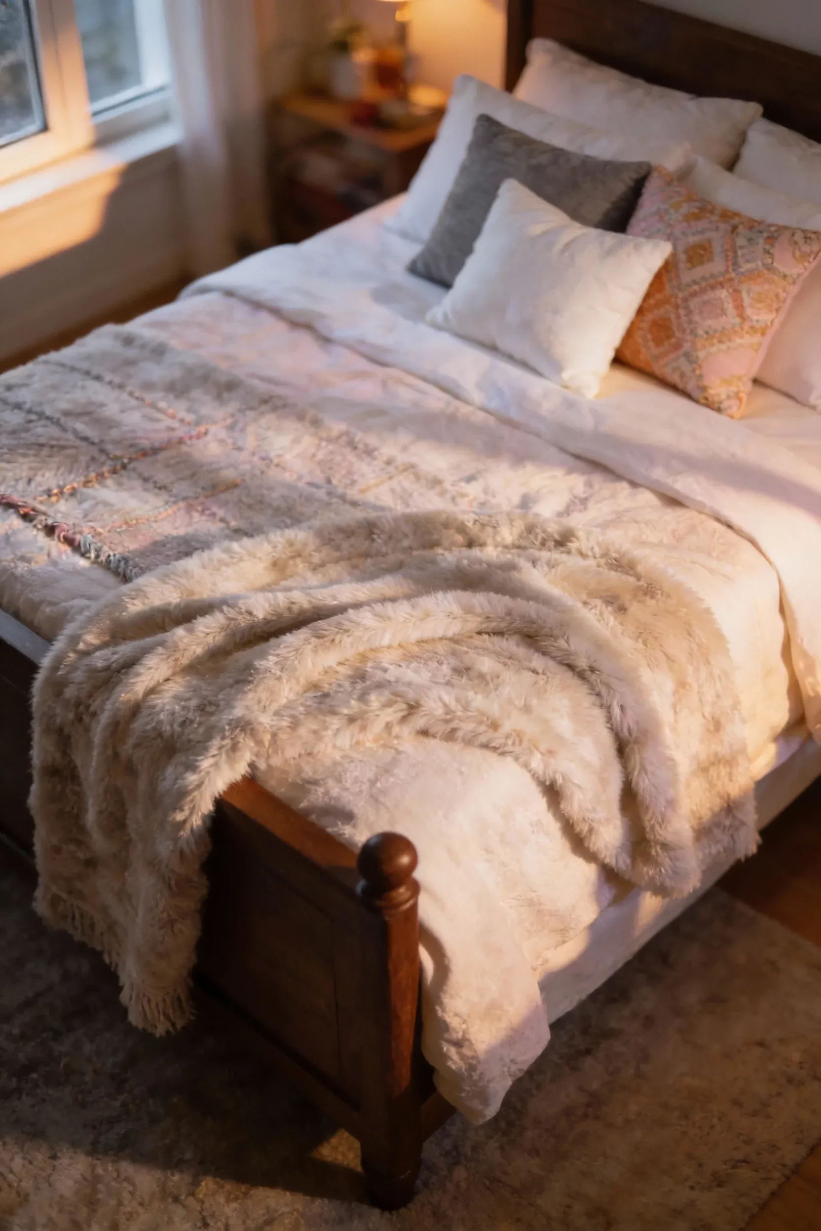 A cozy bed with soft textured bedding inviting for intimate evenings.