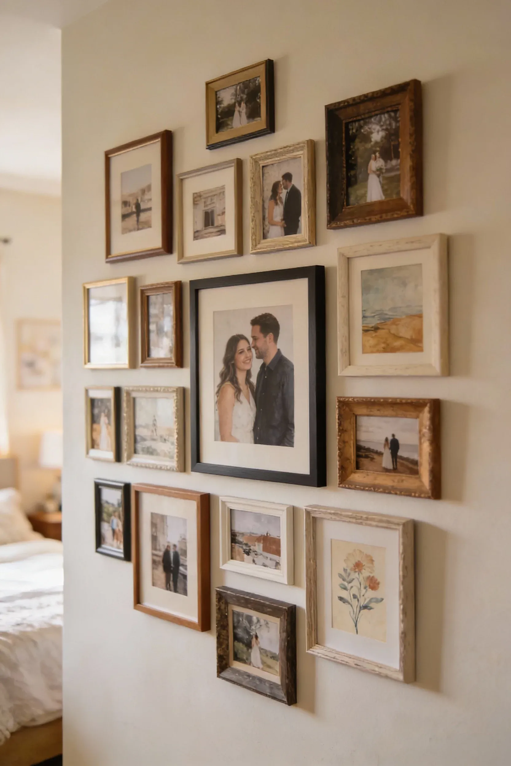 A gallery wall filled with personal photos and art reflecting a couple's journey.