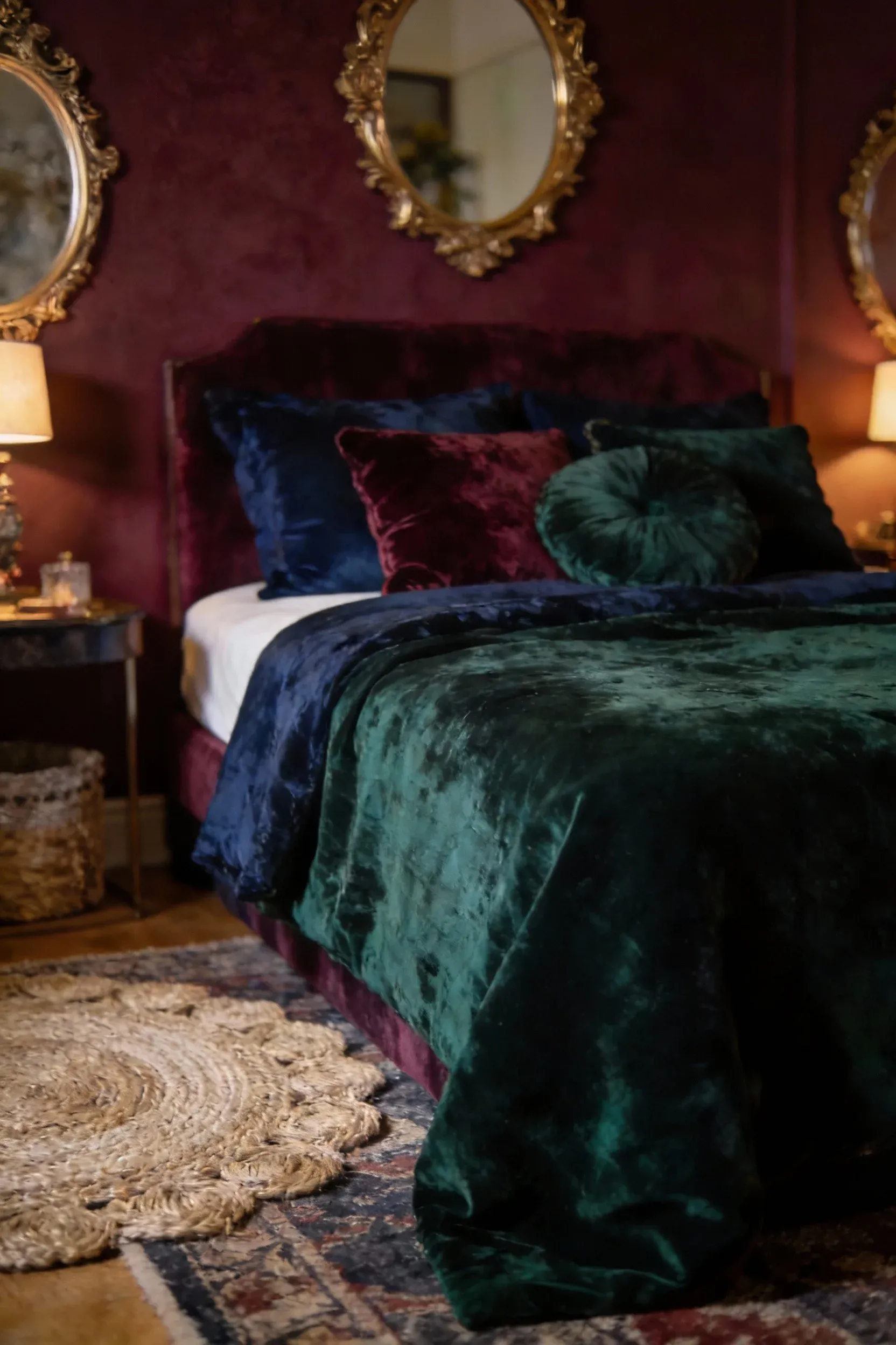 A romantic bedroom designed with deep hues creating an intimate atmosphere.