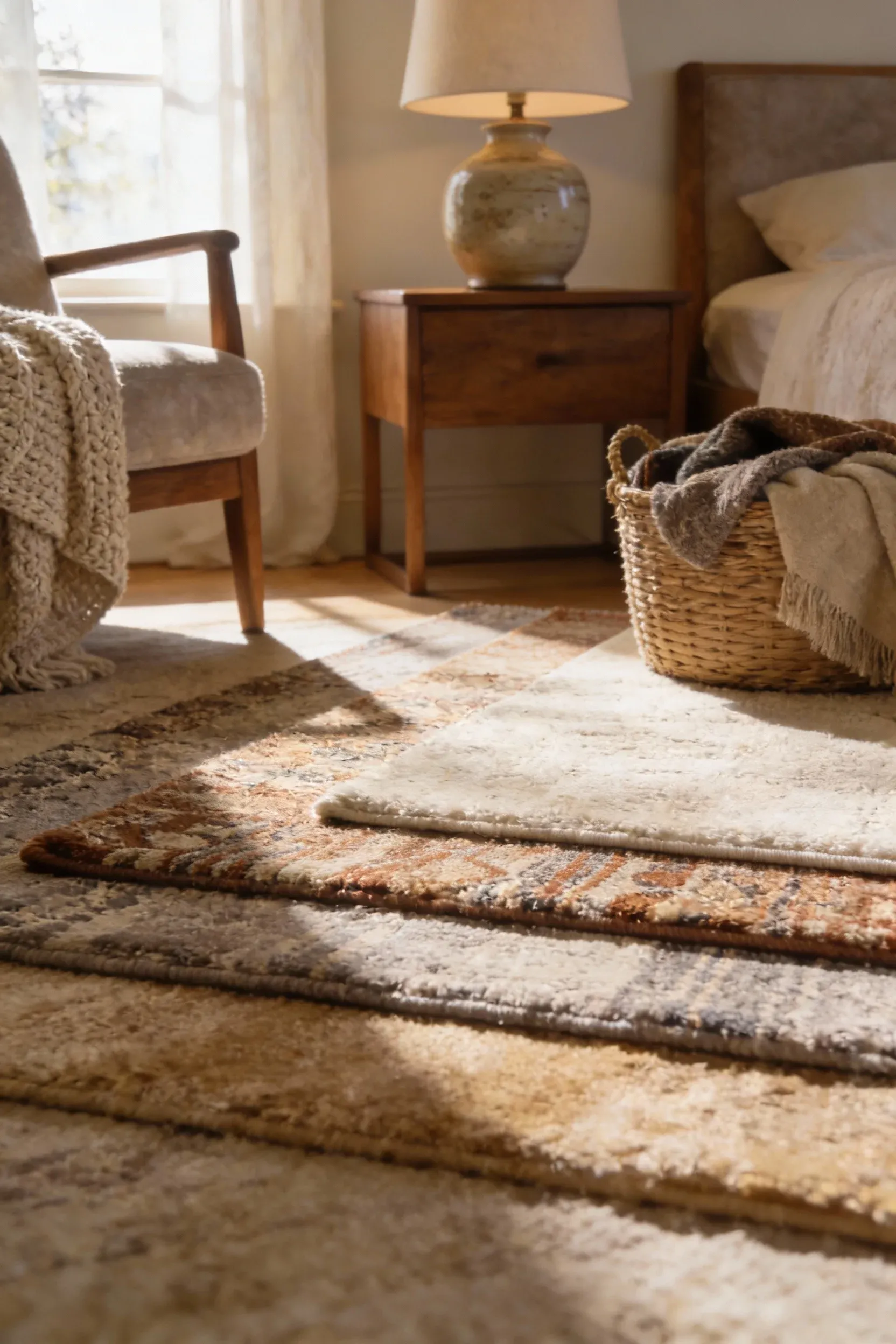 A cozy bedroom featuring layered rugs adding warmth and comfort.