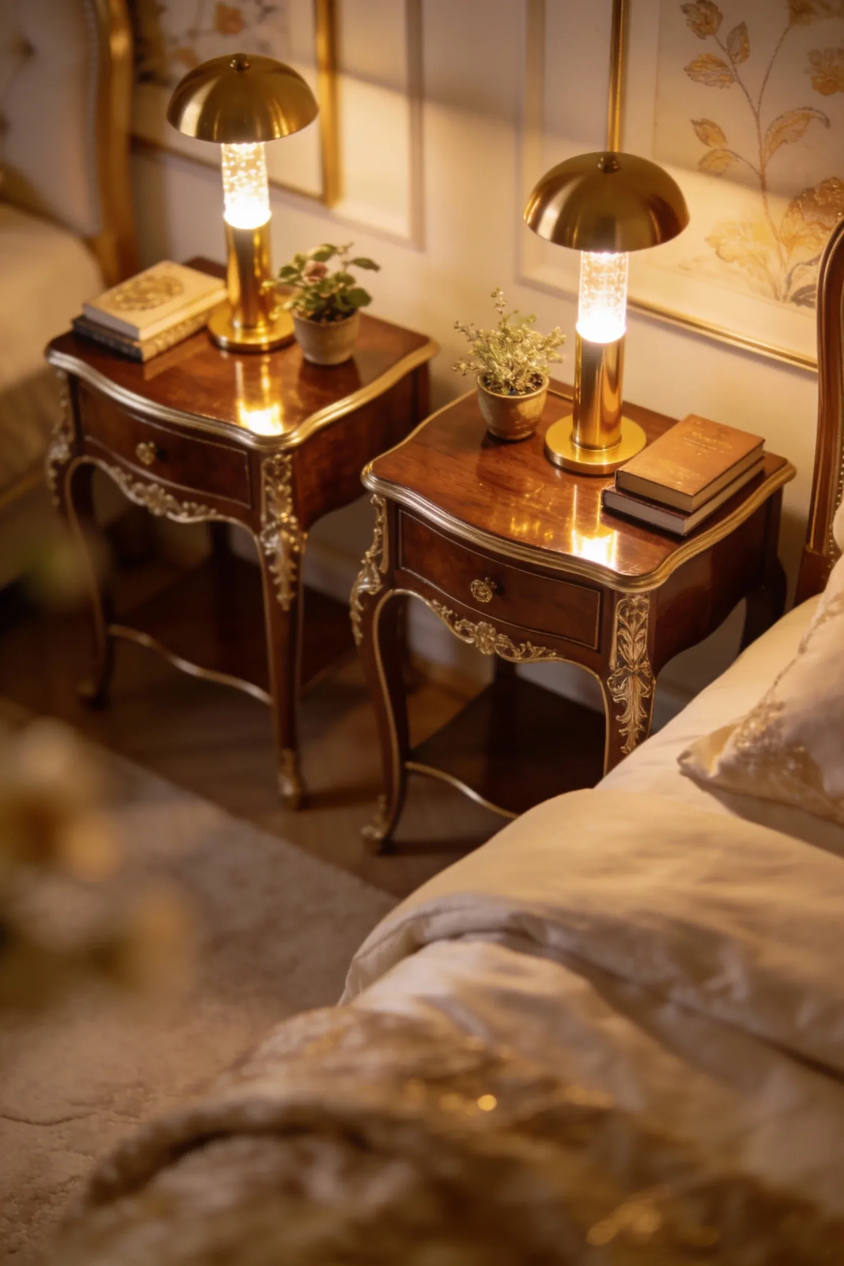 Stylish nightstands with touch lamps in a cozy bedroom setting.