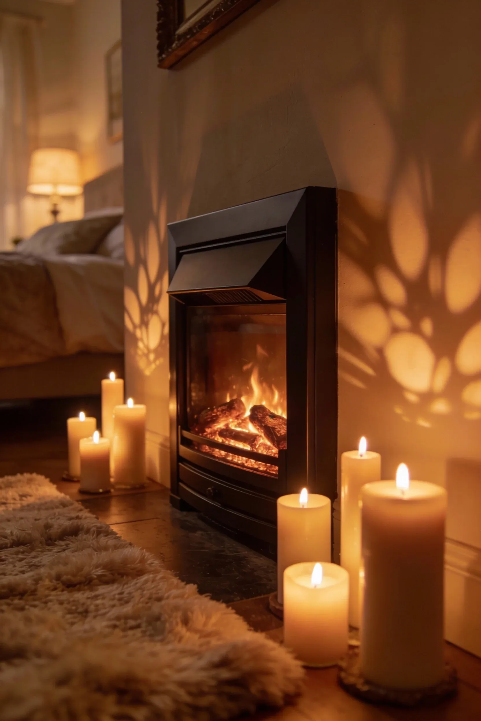 Cozy fireplace with candles in a romantic bedroom setting.