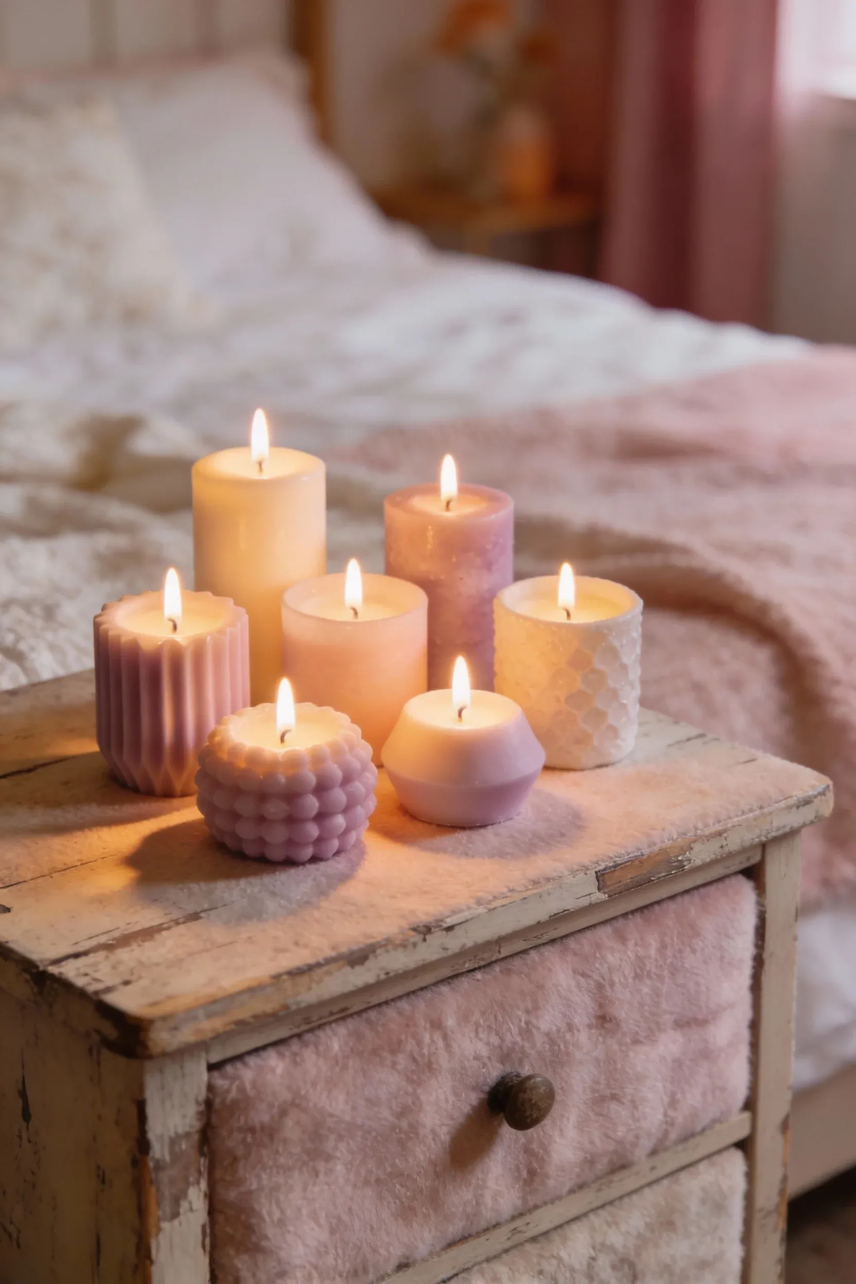 Beautifully arranged scented candles on a nightstand.