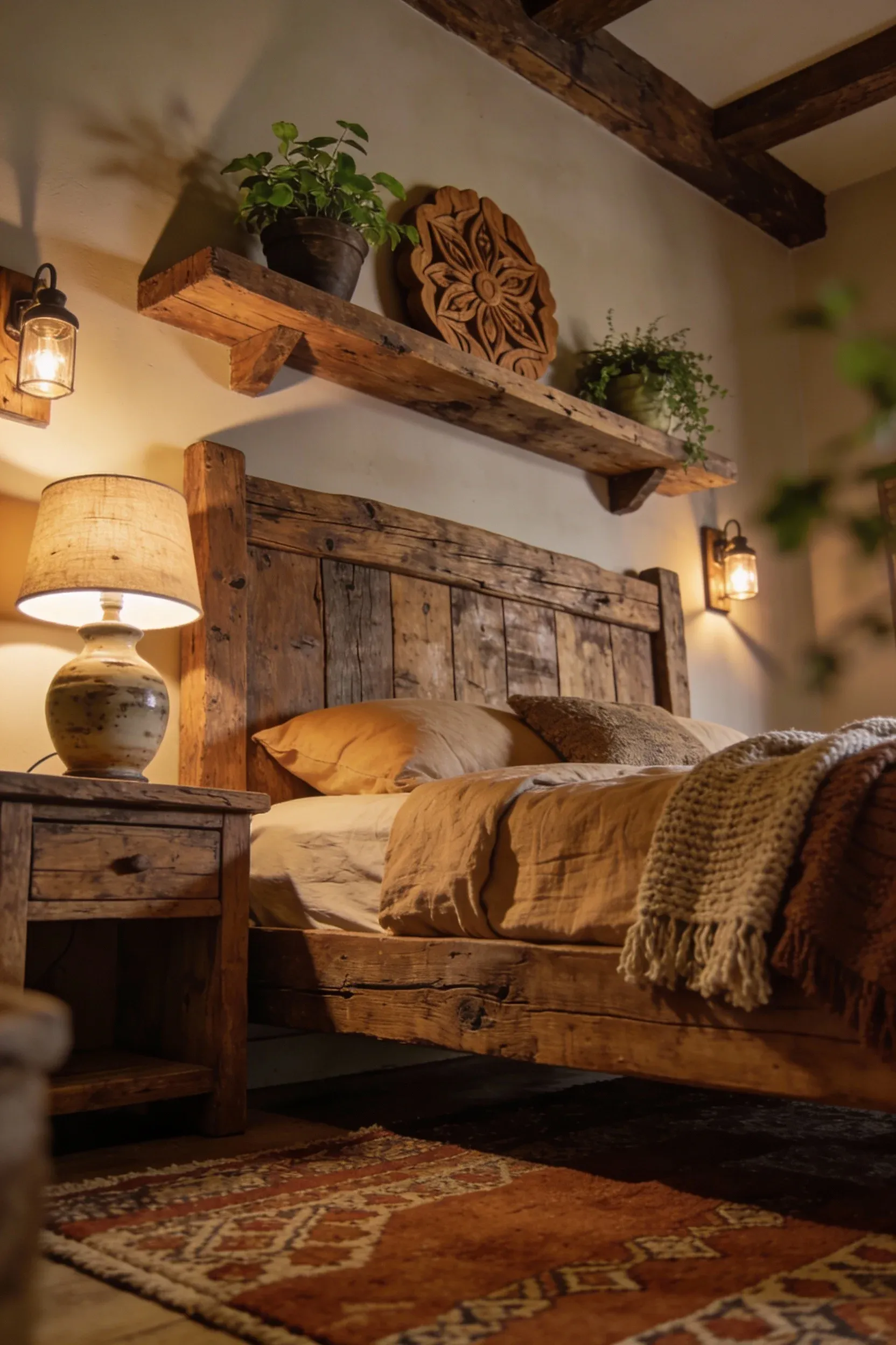 Cozy bedroom featuring rustic wooden accents.