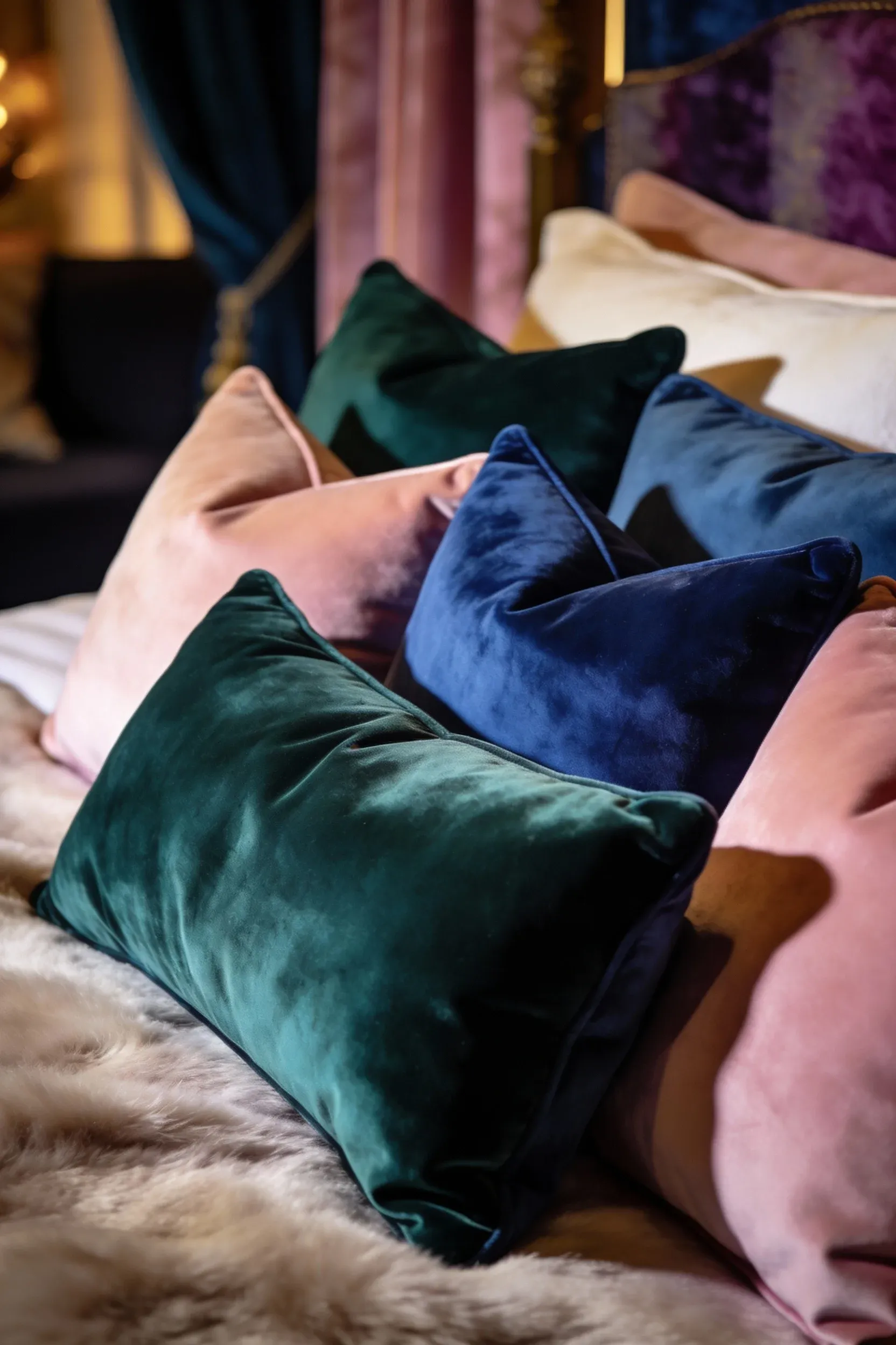 Stylish velvet throw pillows adding texture to a bedroom.