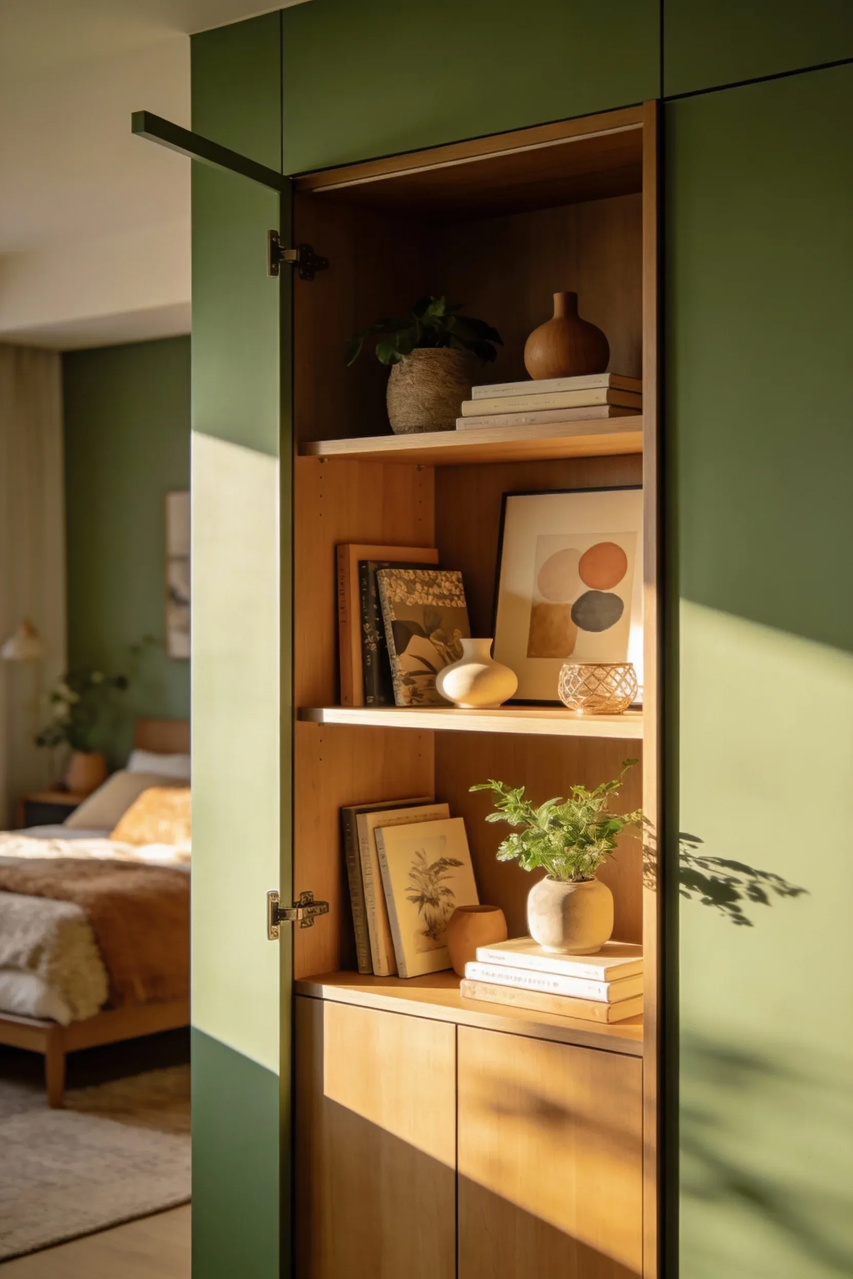 Open shelving displaying meaningful decor items in a bedroom.