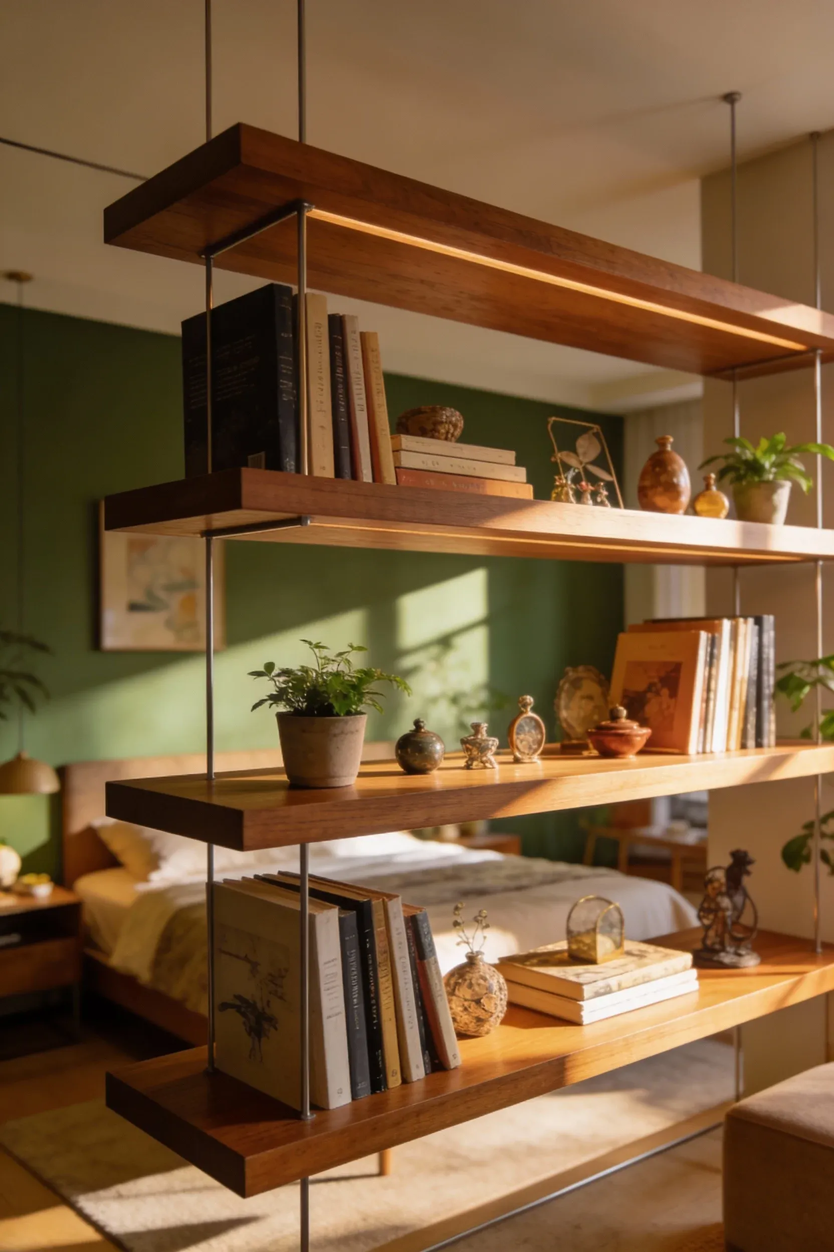Stylish floating shelves displaying books and trinkets in a bedroom.