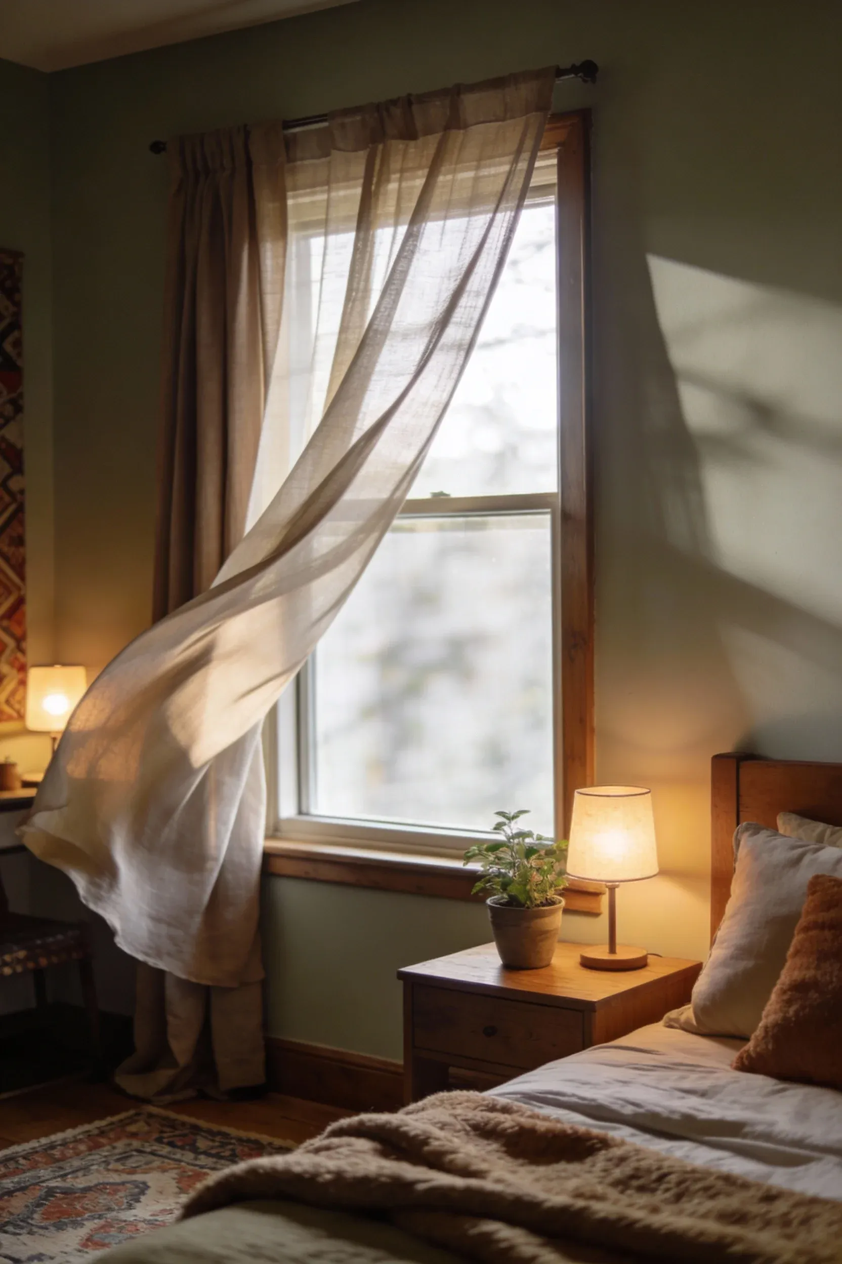 A cozy bedroom with soft curtains framing a window, creating a warm and inviting atmosphere.