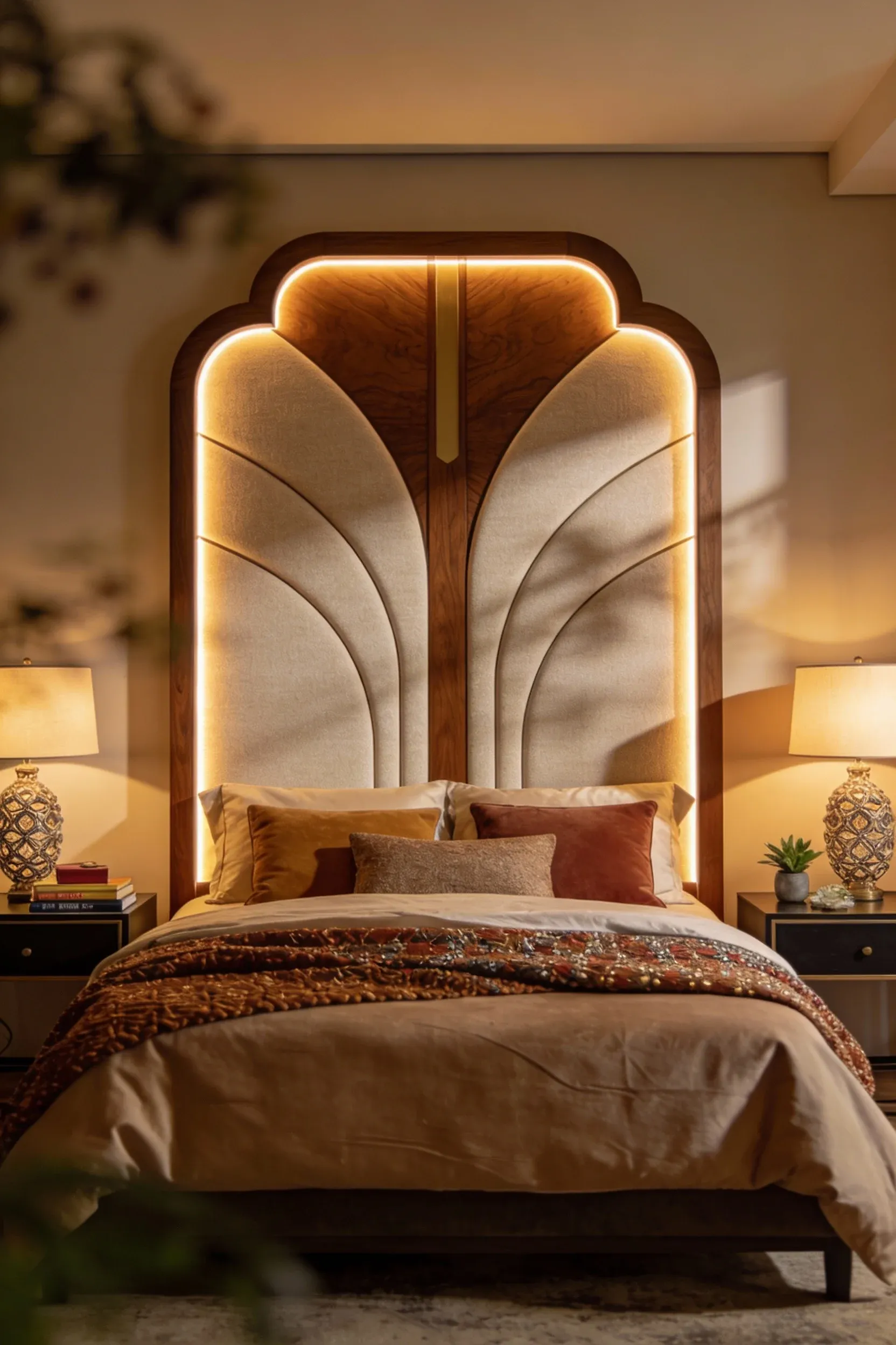 A modern bedroom showcasing a unique headboard with integrated lighting, creating a cozy and inviting atmosphere.