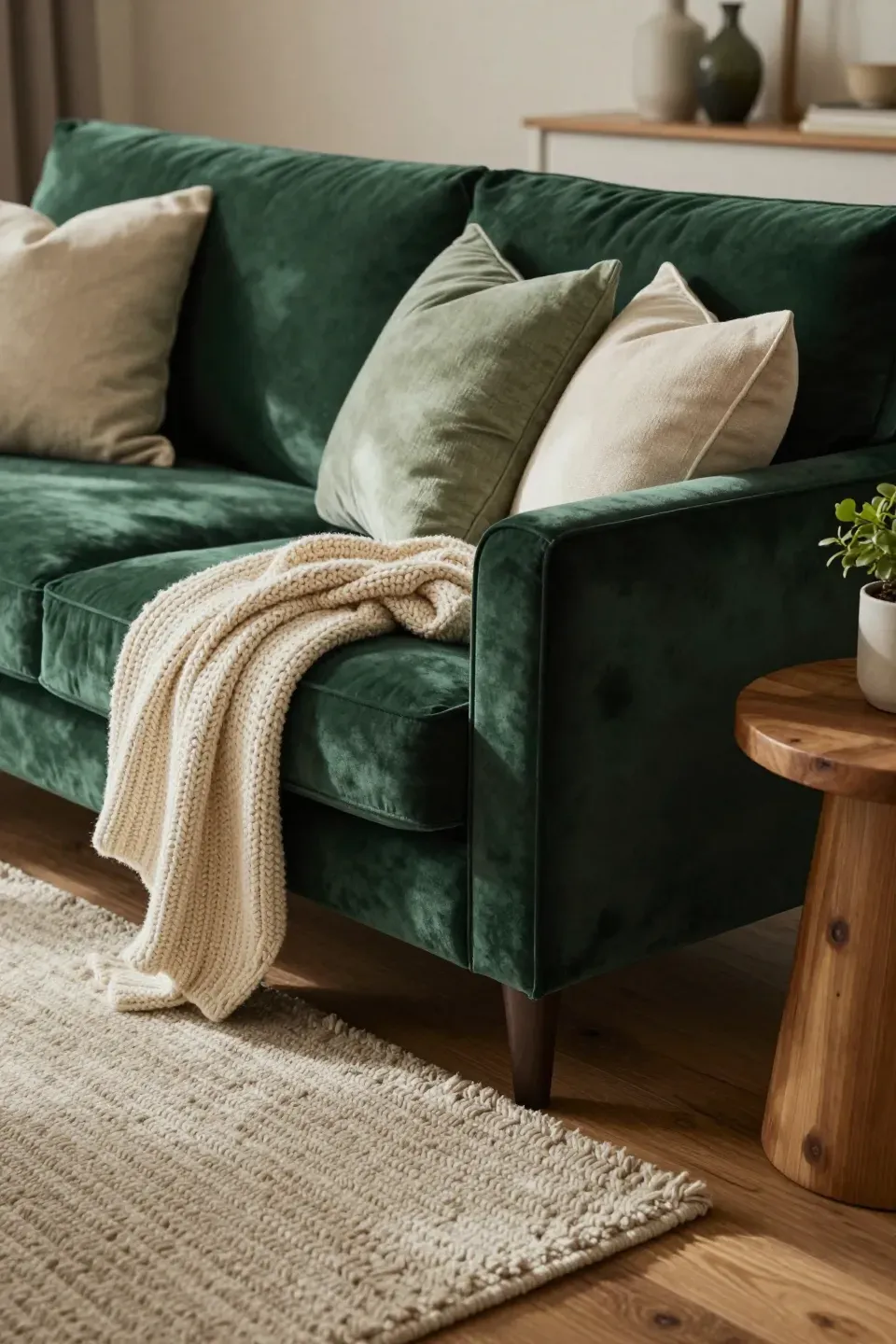 Luxurious living room with dark green velvet sofa layered with textures.