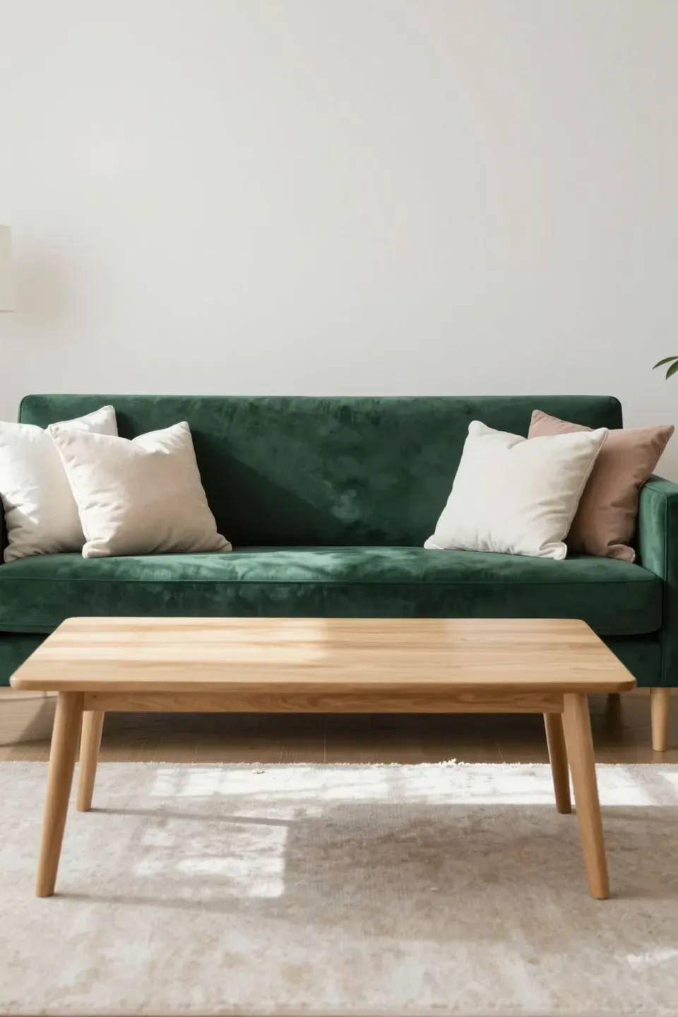 Living room with dark green sofa and light-colored accessories creating contrast.