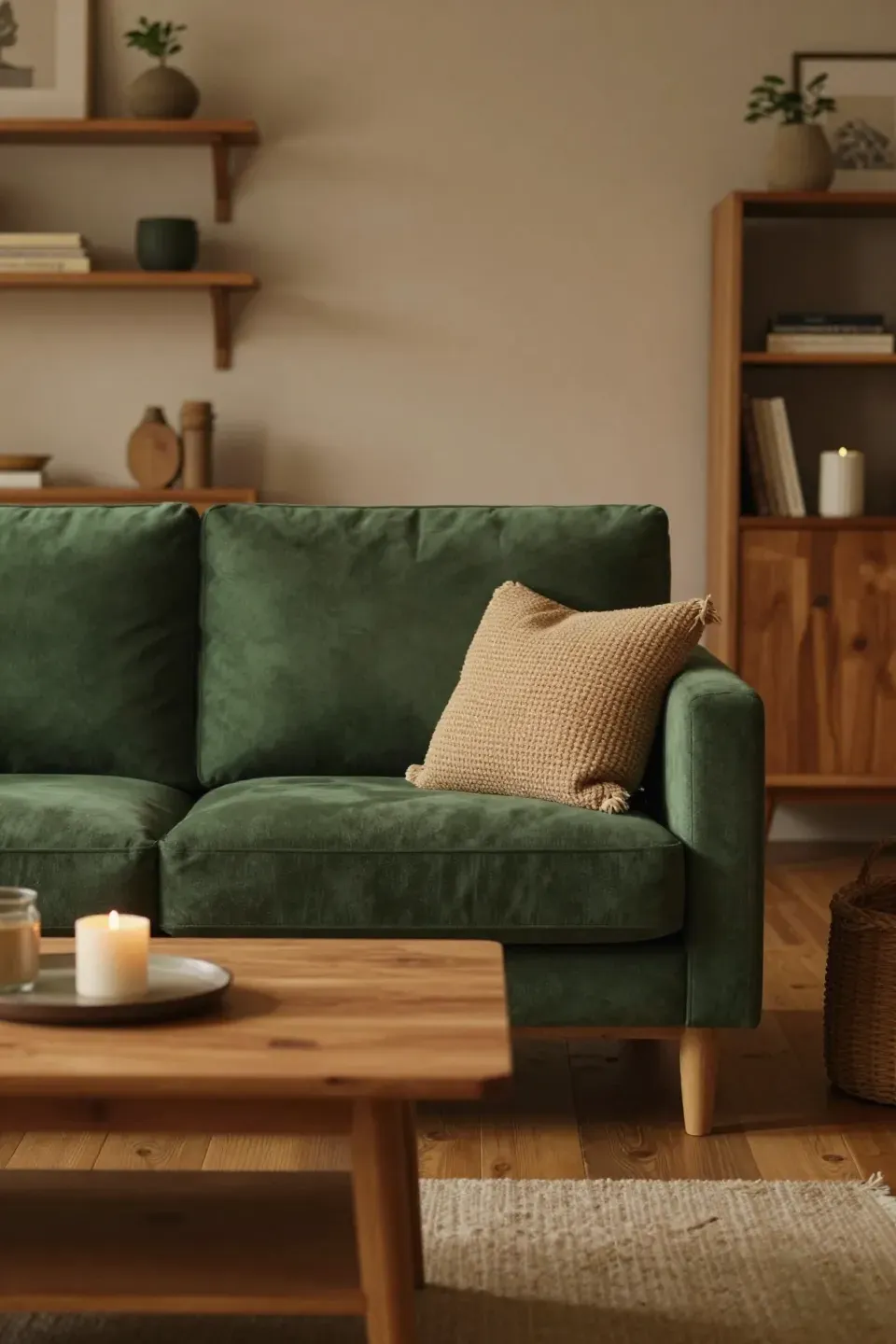 Cozy living room with forest green sofa and warm wood tones.